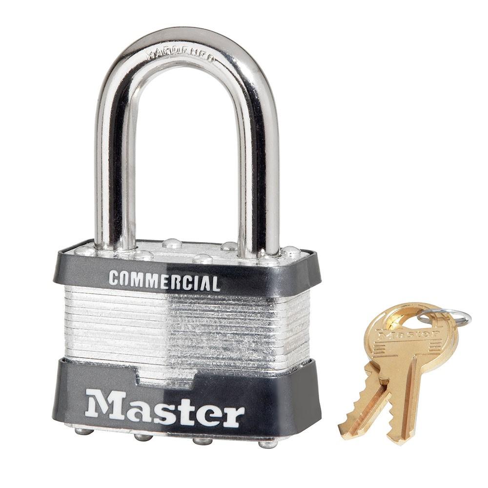 Master Lock Padlock, #5 Padlock w/1-1/2" Shackle, Body: 2" wide, Laminated Steel Pin Tumbler, Keyed Alike,  Key#: A445, Box Qty: 6 padlocks per box