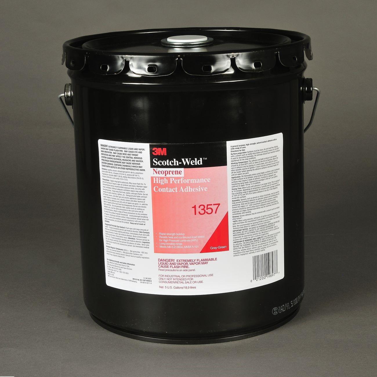 3M Scotch-Weld Neoprene Contact Adhesive, Model: 1357, Type High Performance, Color: Gray-Green,  Size: 5 Gallon, Style: Pail with Pour Spout, Packaging Qty: 1 per case
