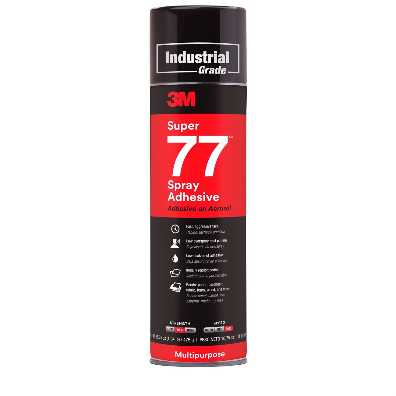 Spray Adhesive, 3M Super 77 Multipurpose Adhesive Aerosol, 24 fl oz Net Wt 16 3/4 oz, 12 per case 3M Stock#: