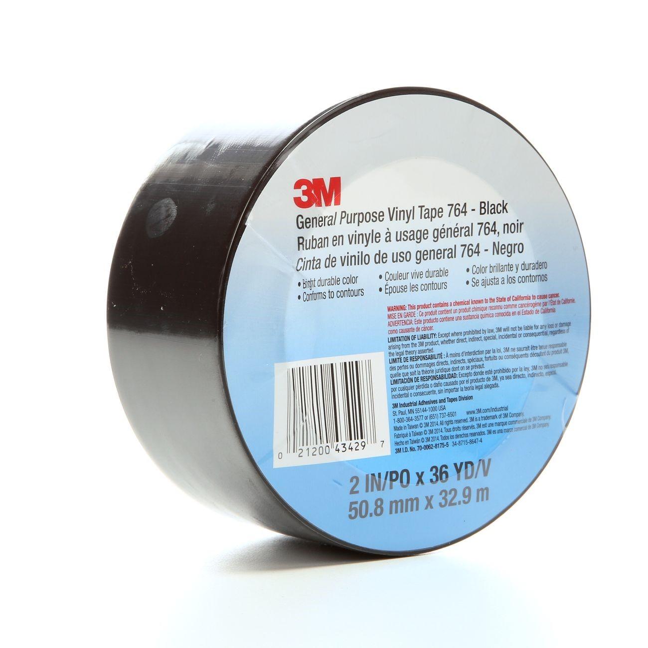 3M Black Vinyl Tape, General Purpose, Model: 764,  2" x 36 yd, 5.0 mil, 24 rolls per case