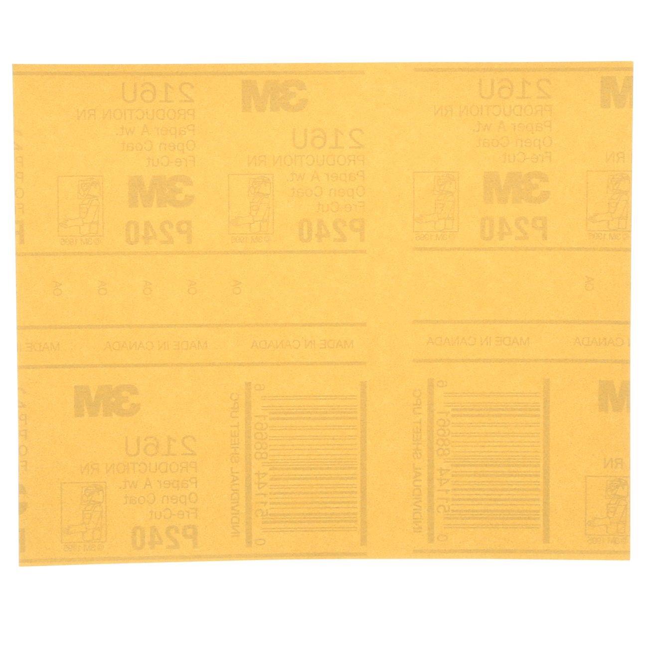 3M Production Resinite Gold Sheet, 02543, Size: 9"  x 11", Grit: P240A, Mineral: Aluminum Oxide, Package Qty: 50 sheets per sleeve, 5 sleeves per case