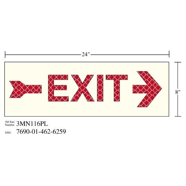 3M(TM) Photoluminescent Film 6900, Shipboard Sign 3MN116PL, 24 in x 8 in, EXIT W/RGT ARW, 10/pkg