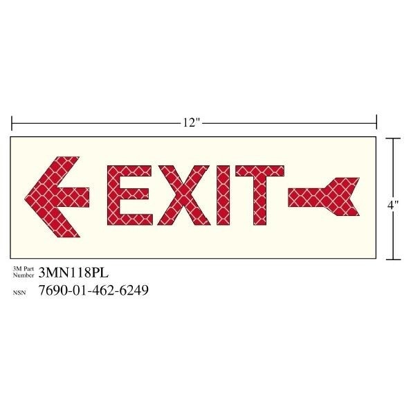 3M(TM) Photoluminescent Film 6900, Shipboard Sign 3MN118PL, 12 in x 4 in, EXIT W/LEFT ARW, 10/pkg