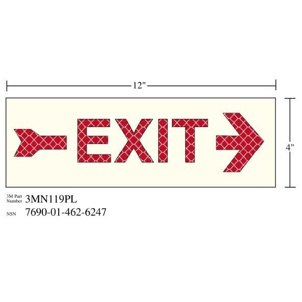 3M(TM) Photoluminescent Film 6900, Shipboard Sign 3MN119PL, 12 in x 4 in, EXIT W/RGT ARW, 10/pkg