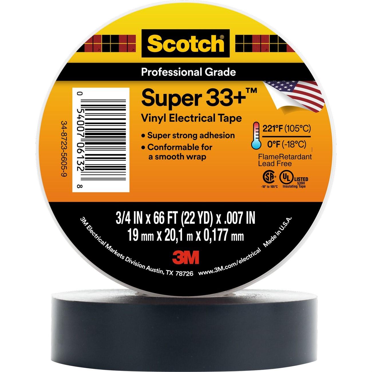 Scotch(R) Super 33+(TM) Vinyl Electrical Tape, 3/4 in x 36 yd (19 mm x 32,9 m), Utility Pack, 48 per case