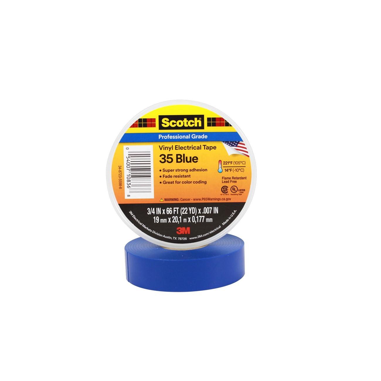 Electrical Tape, Scotch Vinyl Electrical Color Coding Tape 35-Blue-3/4, 3/4 in x 66 ft (19 mm x 20,1 m), 100 per case
