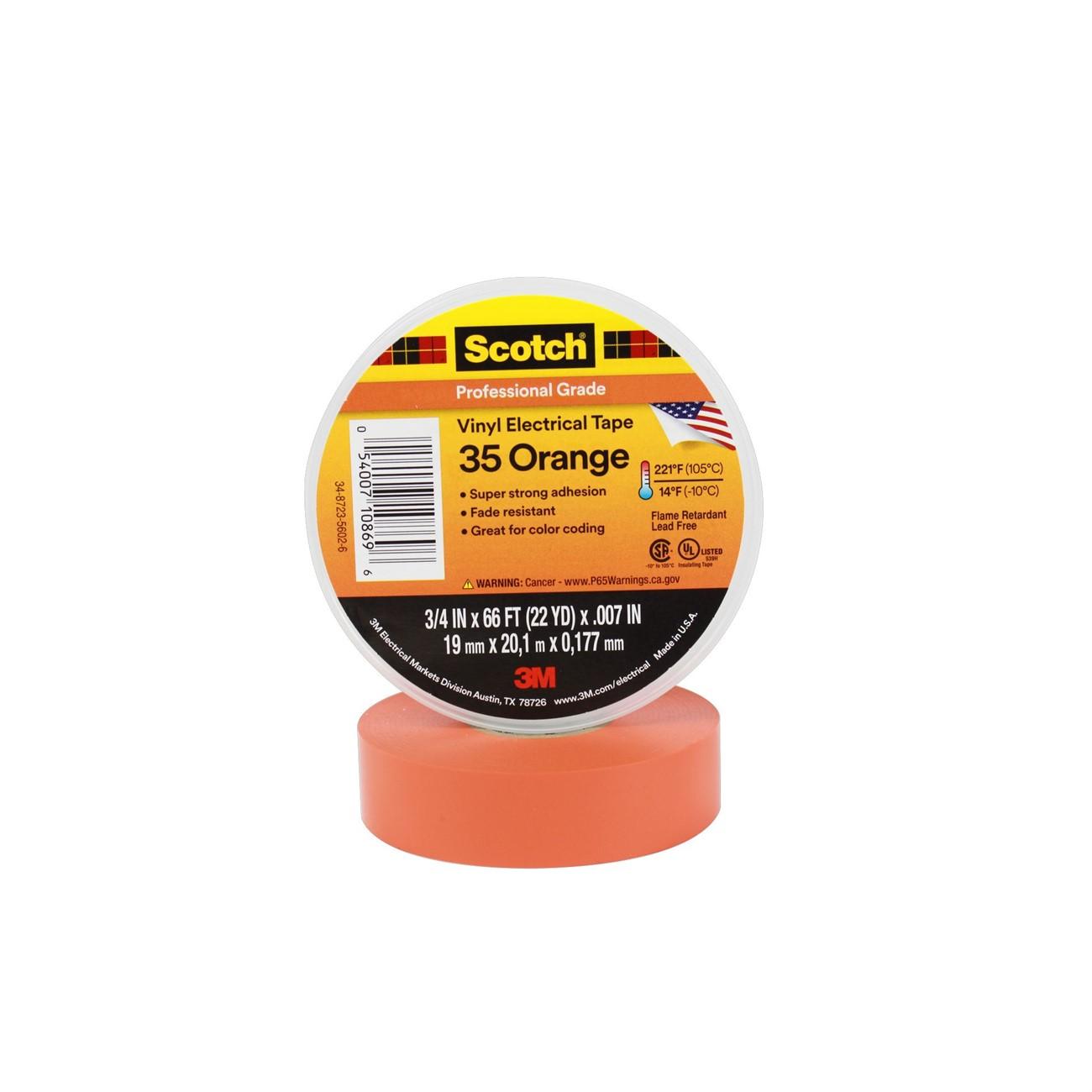 Electrical Tape, Scotch Vinyl Electrical Color Coding Tape 35-Orange-3/4, 3/4 in x 66 ft (19 mm x 20,1 m), 100 per case