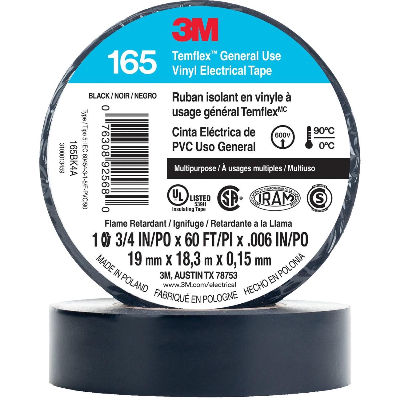 3M™ Temflex™ Vinyl Electrical Tape 165, Black, 3/4 in x 60 ft (19 mm x 18 m), 6 mil, 100 Rolls/Case Replacement for the 1700, UPC #54007-69764