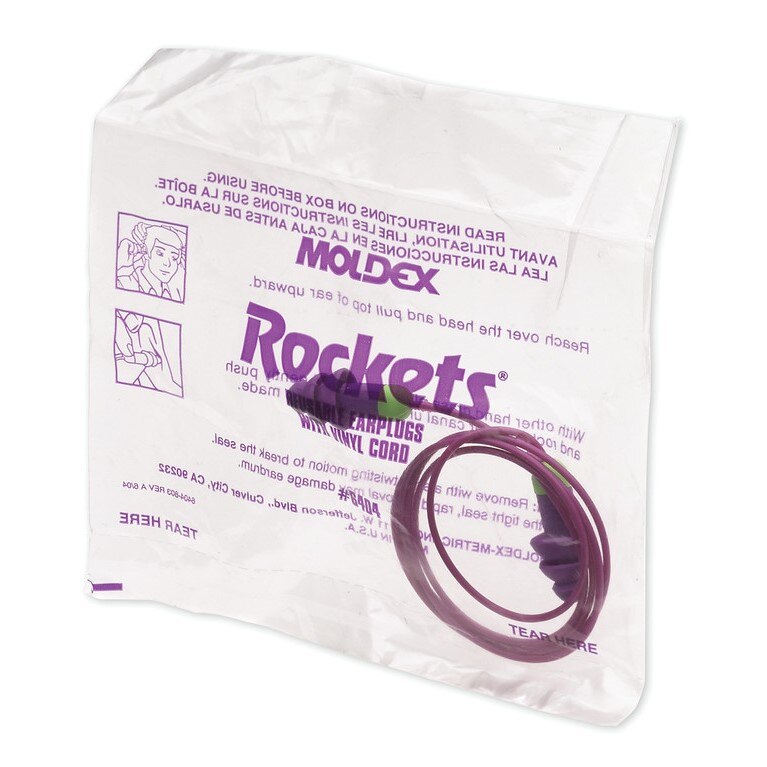 6404 Moldex Rockets Earplug, One Size, Reusable, Flanged, Corded, Purple/Bright Green Plug, 27 dB