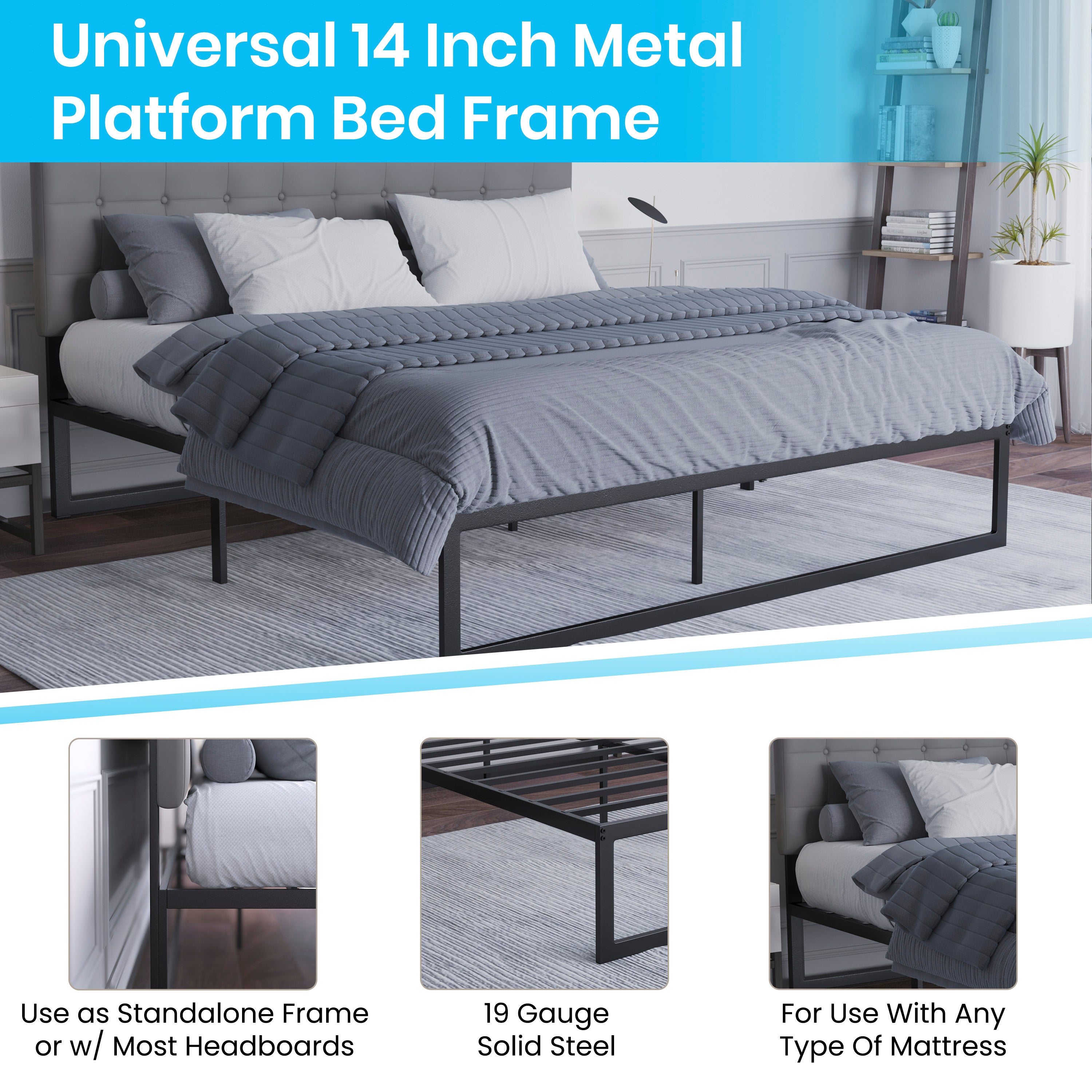 Bentley Universal 14 Inch Metal Platform Bed Frame - No Box Spring Needed w/ Steel Slat Support and Quick Lock Functionality - King