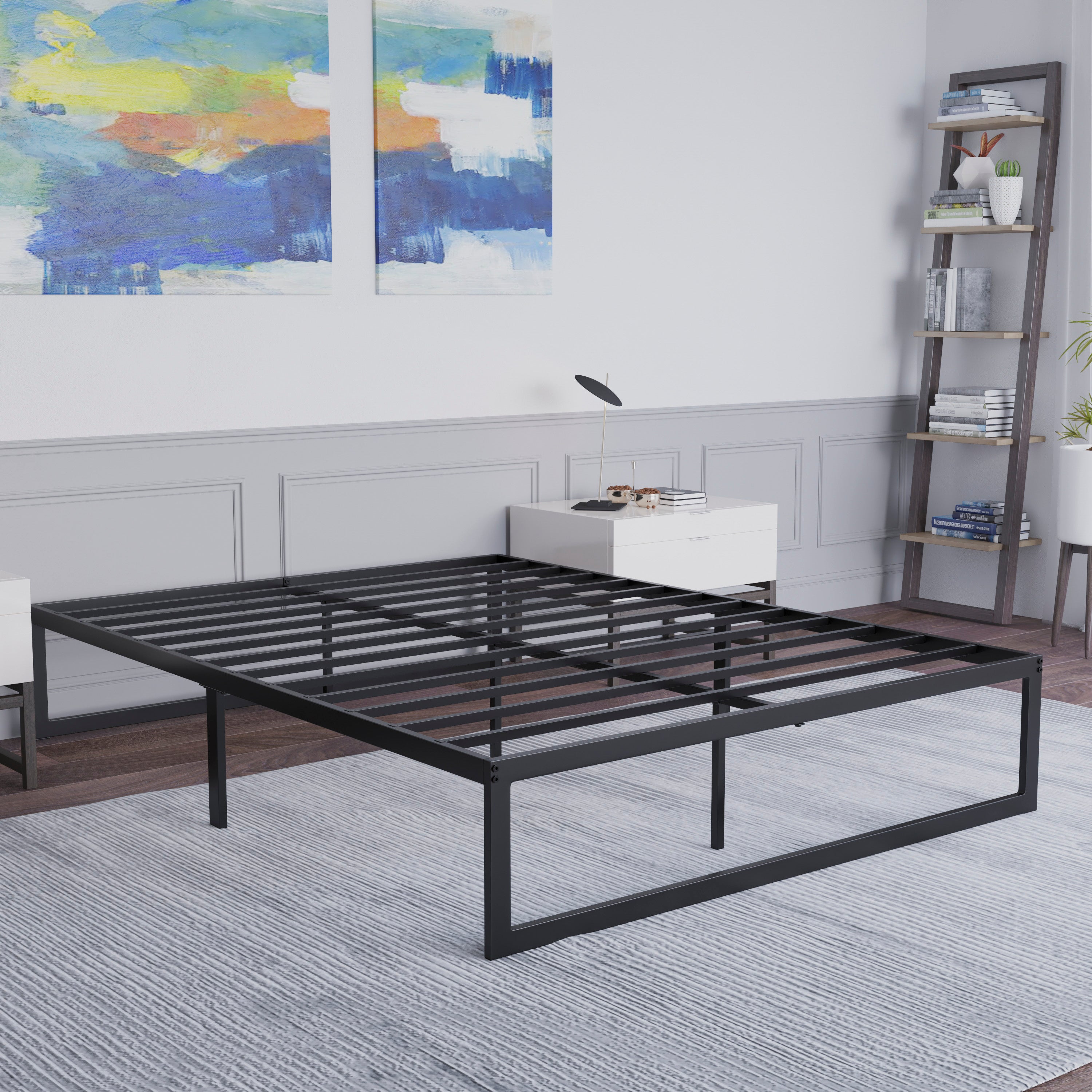 Bentley Universal 14 Inch Metal Platform Bed Frame - No Box Spring Needed w/ Steel Slat Support and Quick Lock Functionality - Queen