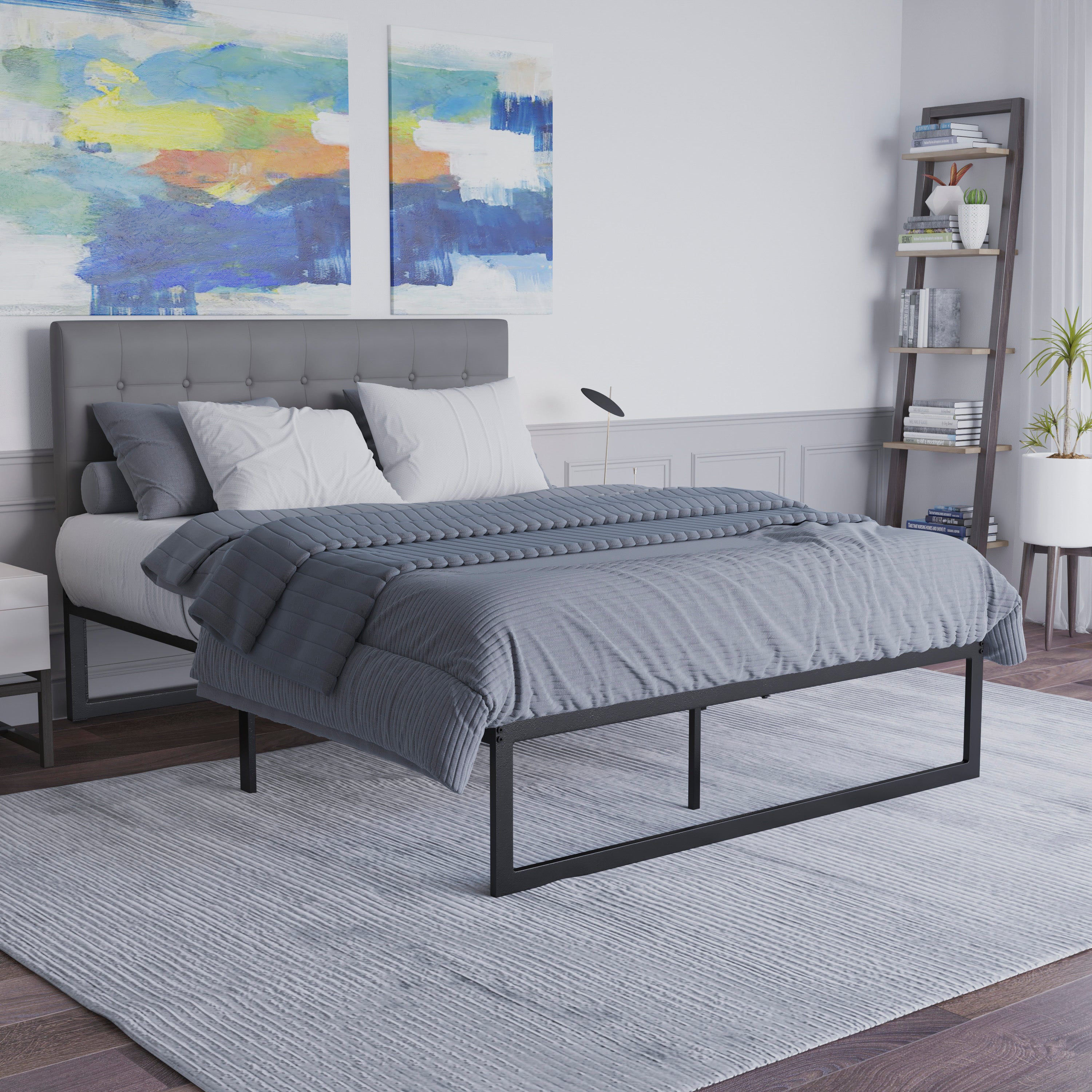 Bentley Universal 14 Inch Metal Platform Bed Frame - No Box Spring Needed w/ Steel Slat Support and Quick Lock Functionality - Queen