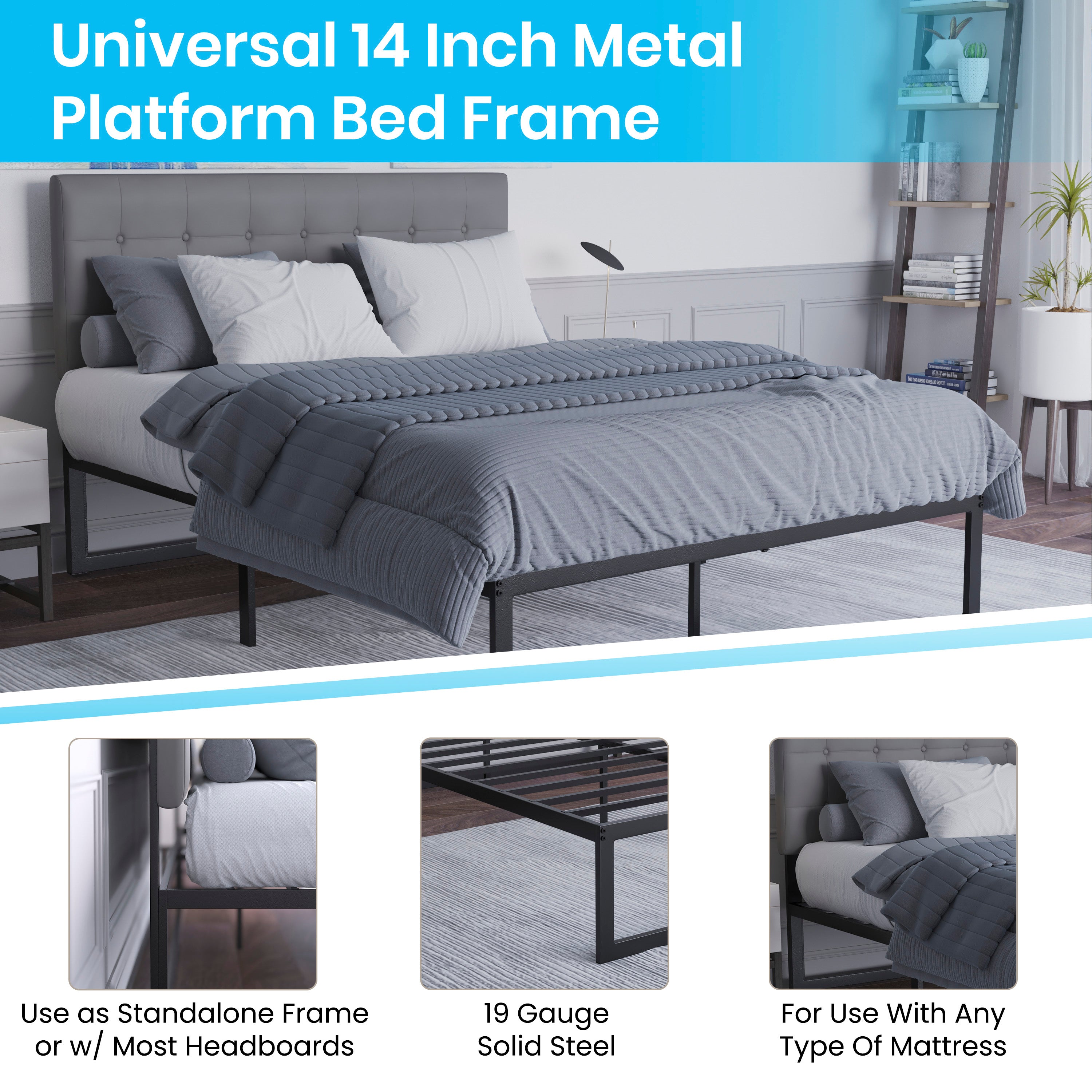Bentley Universal 14 Inch Metal Platform Bed Frame - No Box Spring Needed w/ Steel Slat Support and Quick Lock Functionality - Queen