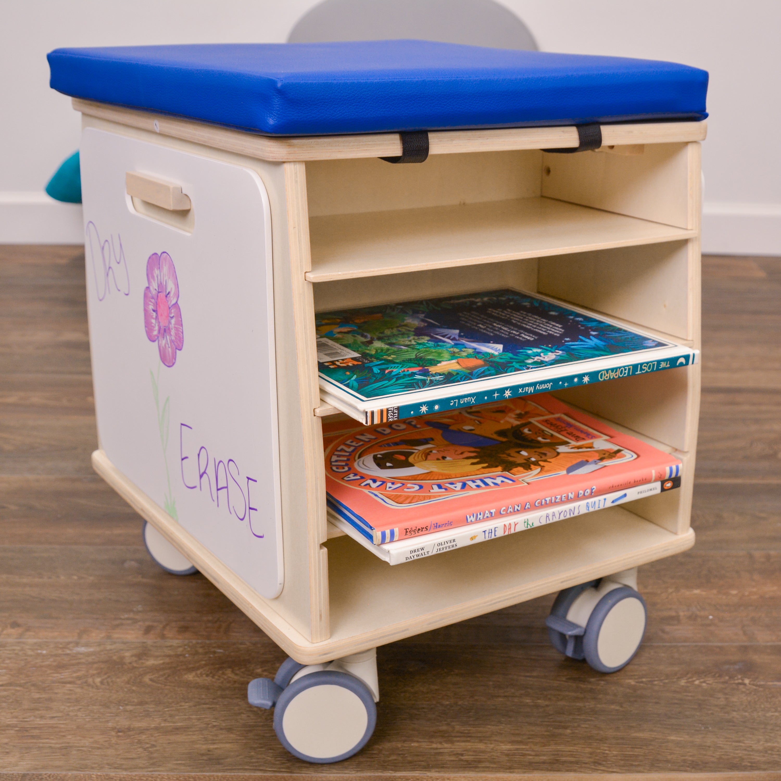 Mobile Teacher Stool with Storage - Blue Cushion - RTA