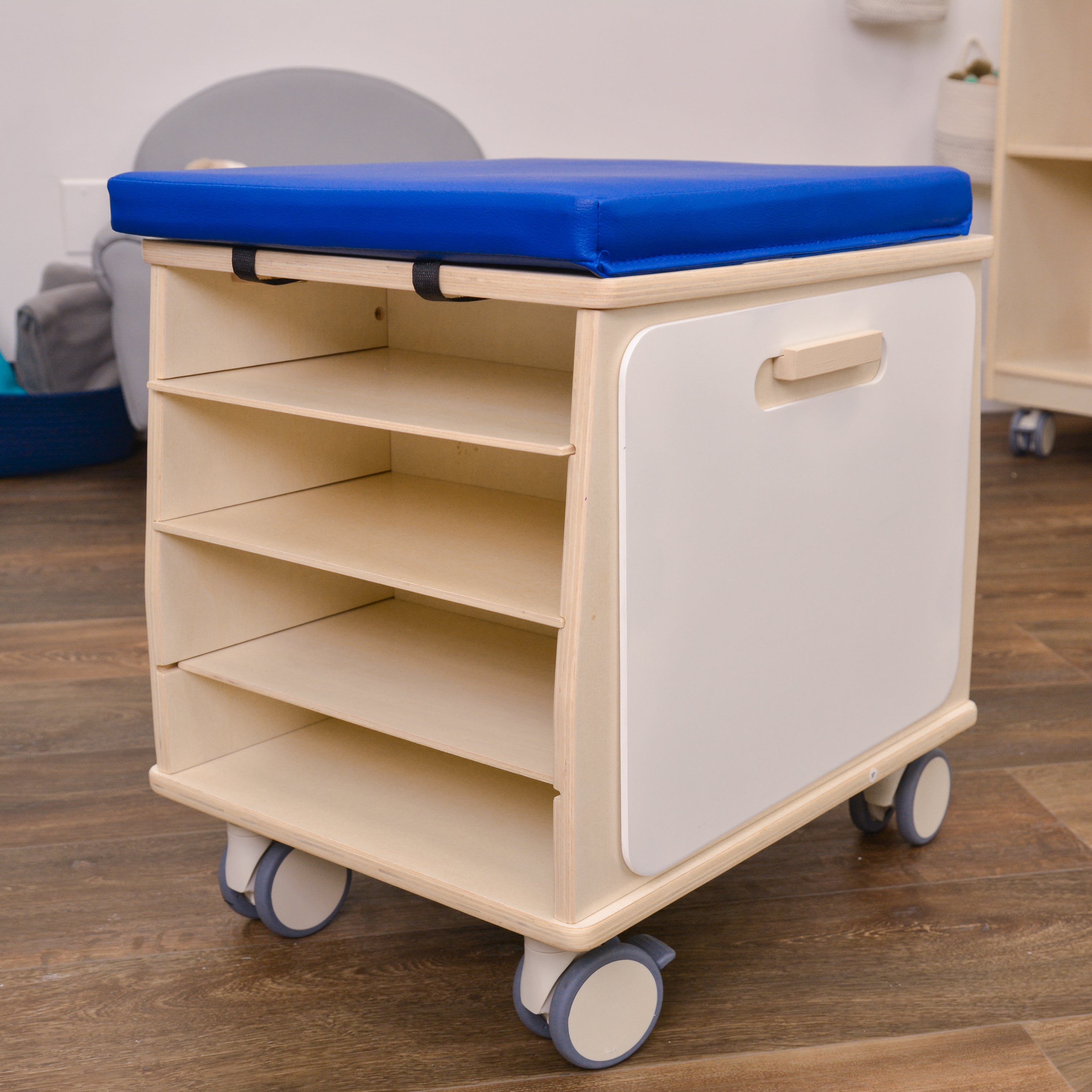 Mobile Teacher Stool with Storage - Blue Cushion - RTA
