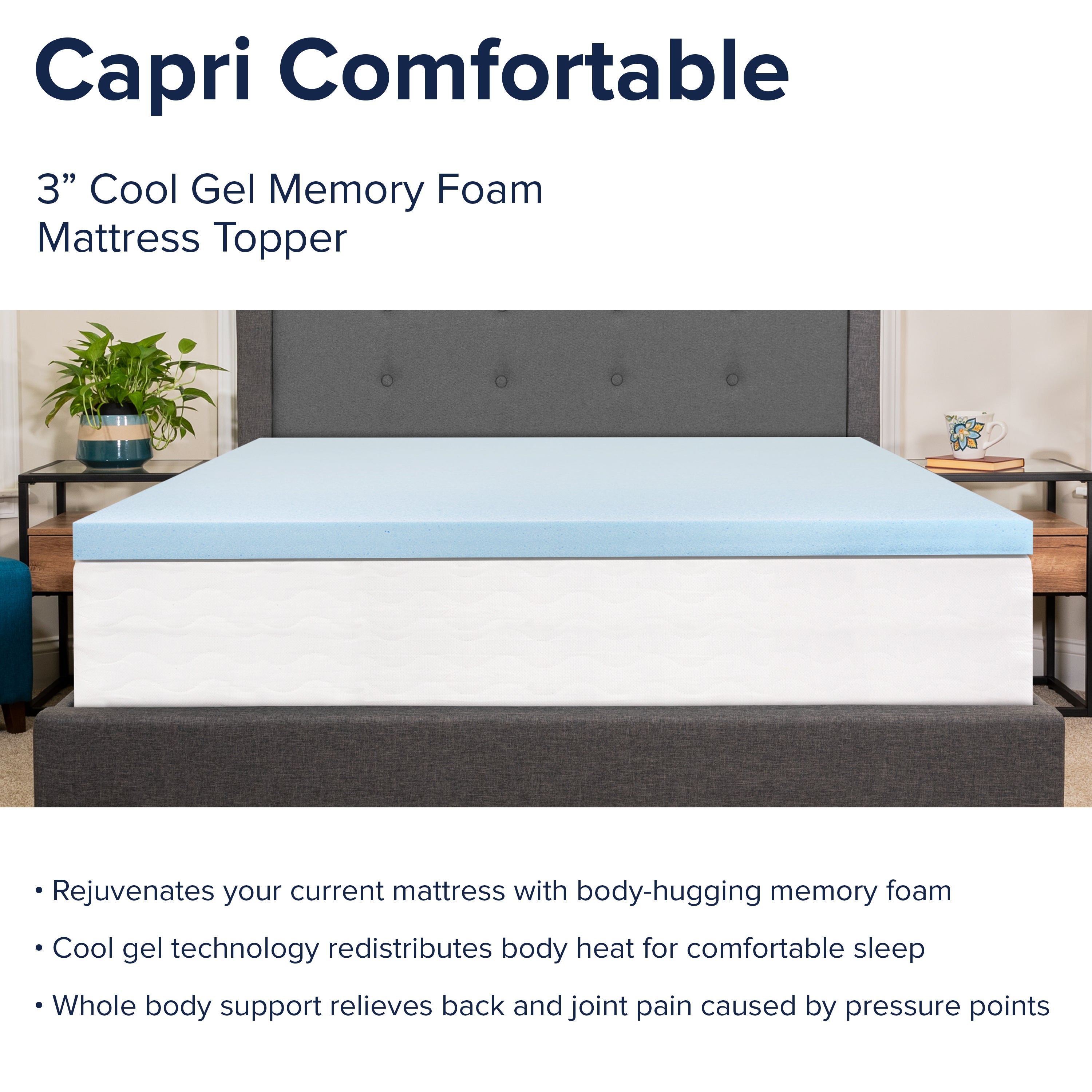 Capri Comfortable Sleep 3 inch Cooling Gel Mattress Topper with CertiPUR-US Certified Memory Foam - Full