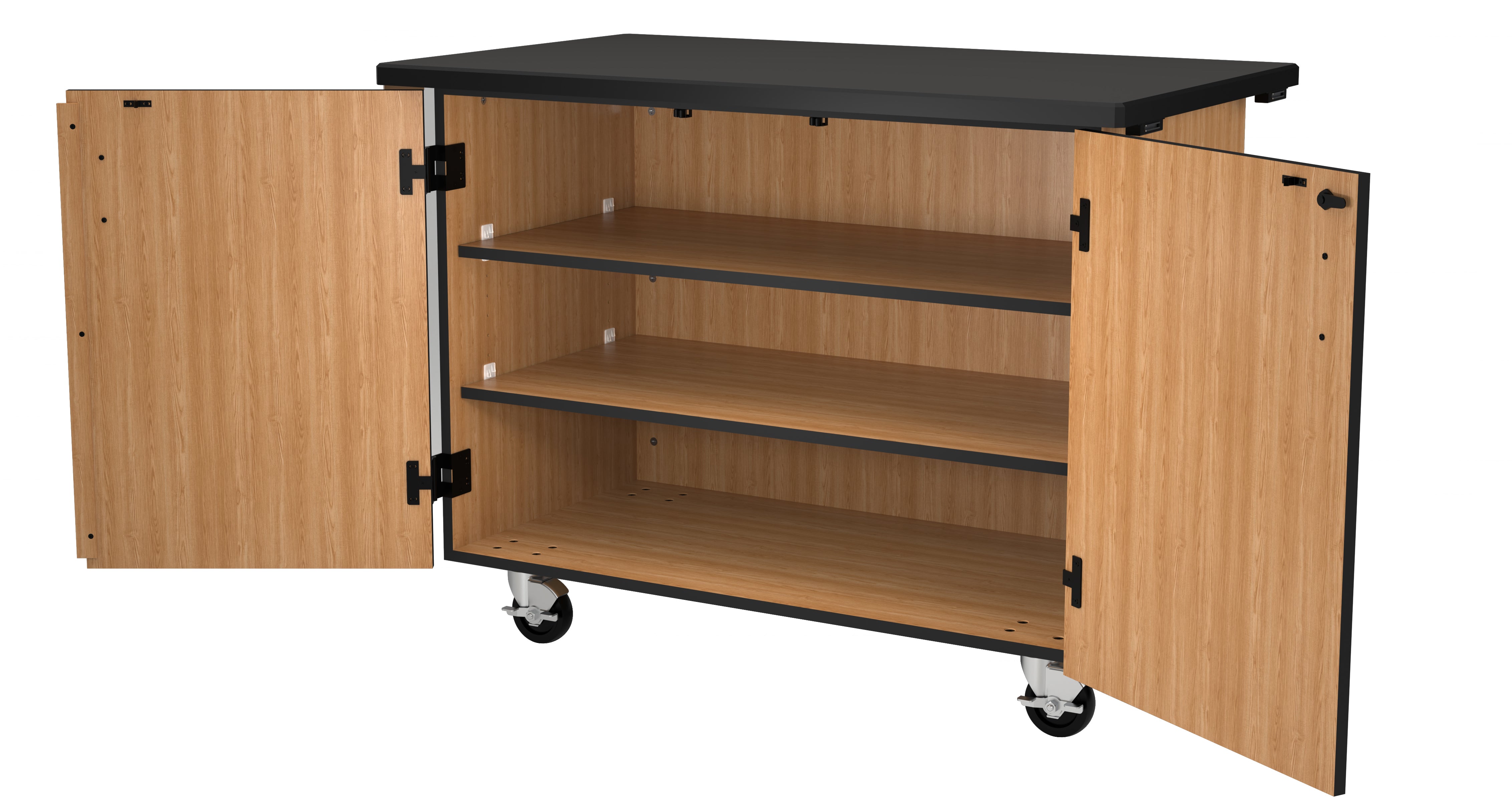 NPS® Mobile Science Cabinet with Shelving, Chem-Res Top, Surface Color: Black, Cabinet Color: Oak