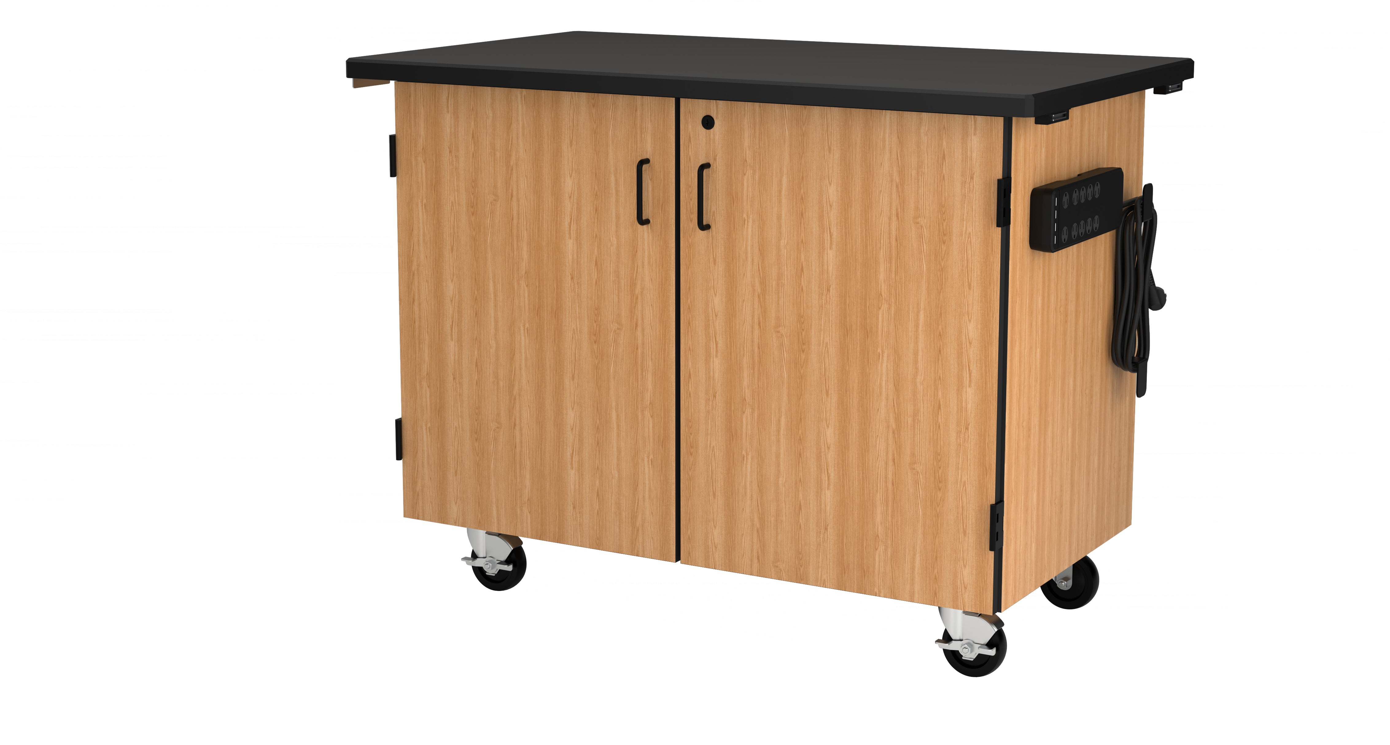 NPS® Mobile Science Cabinet with Shelving, Chem-Res Top, Surface Color: Black, Cabinet Color: Oak