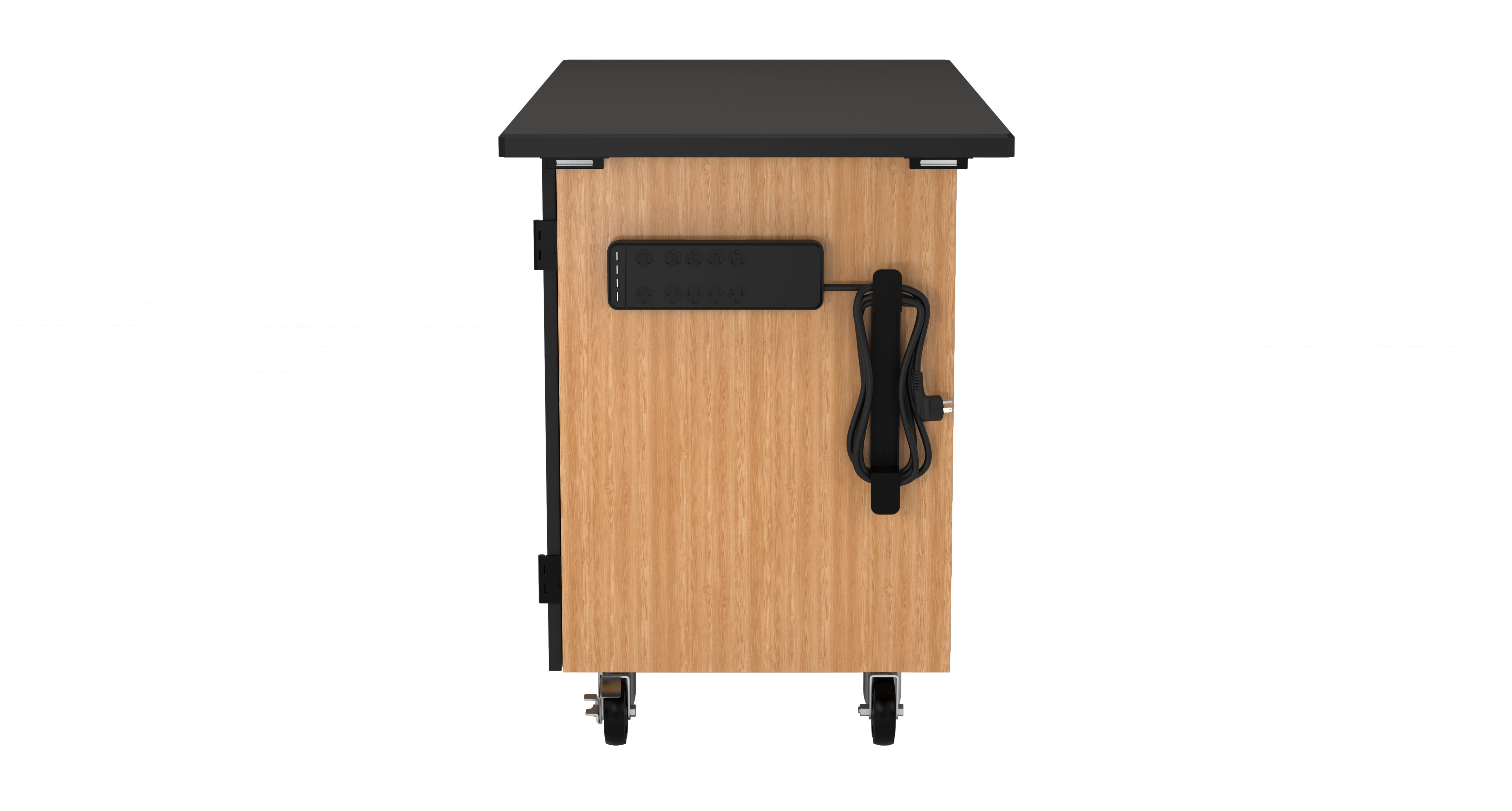 NPS® Mobile Science Cabinet with Shelving, Chem-Res Top, Surface Color: Black, Cabinet Color: Oak