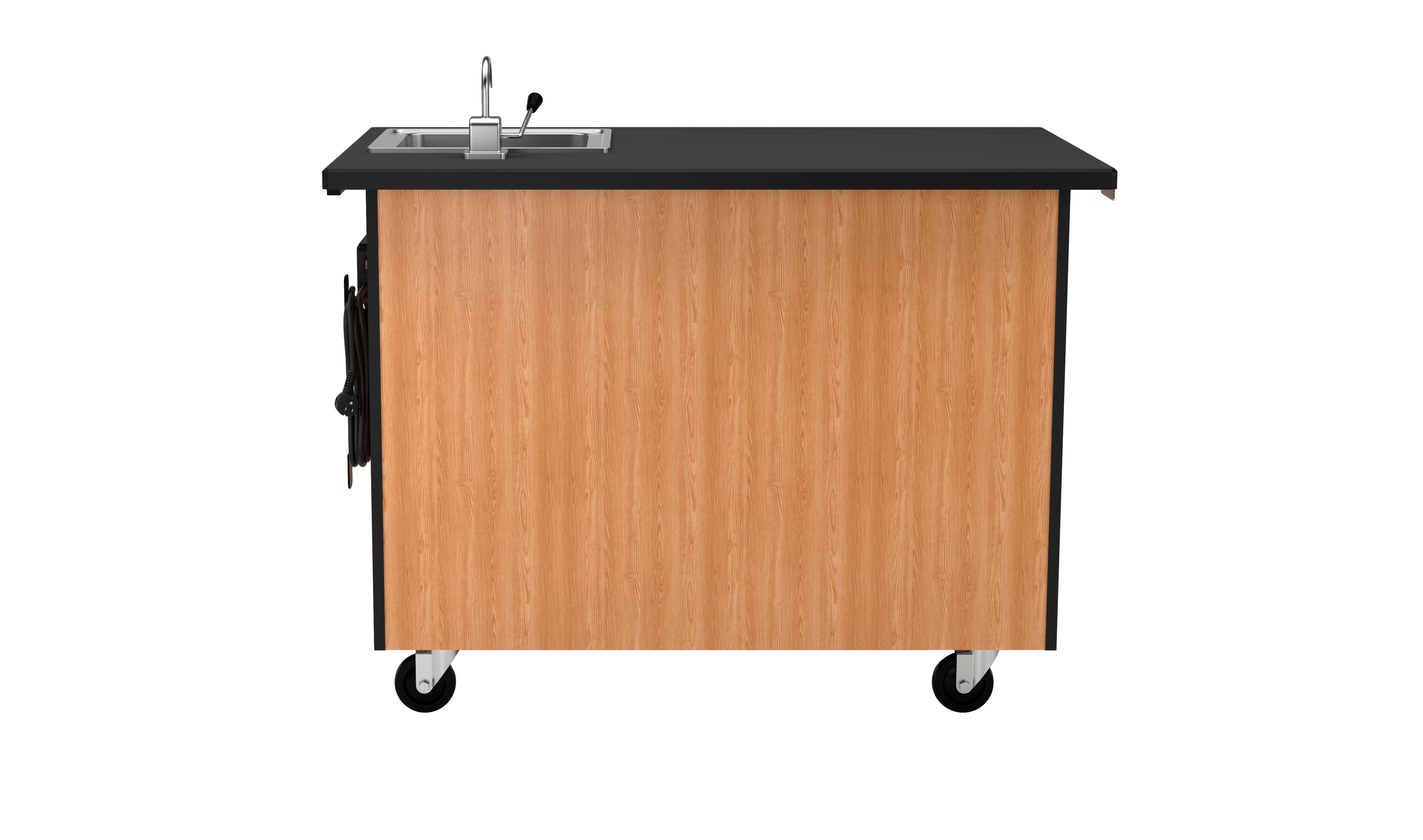 NPS® Mobile Science Cabinet with External Drawers & Pegboard, Chem-Res Top and Sink, Surface Color: Black, Cabinet Color: Oak