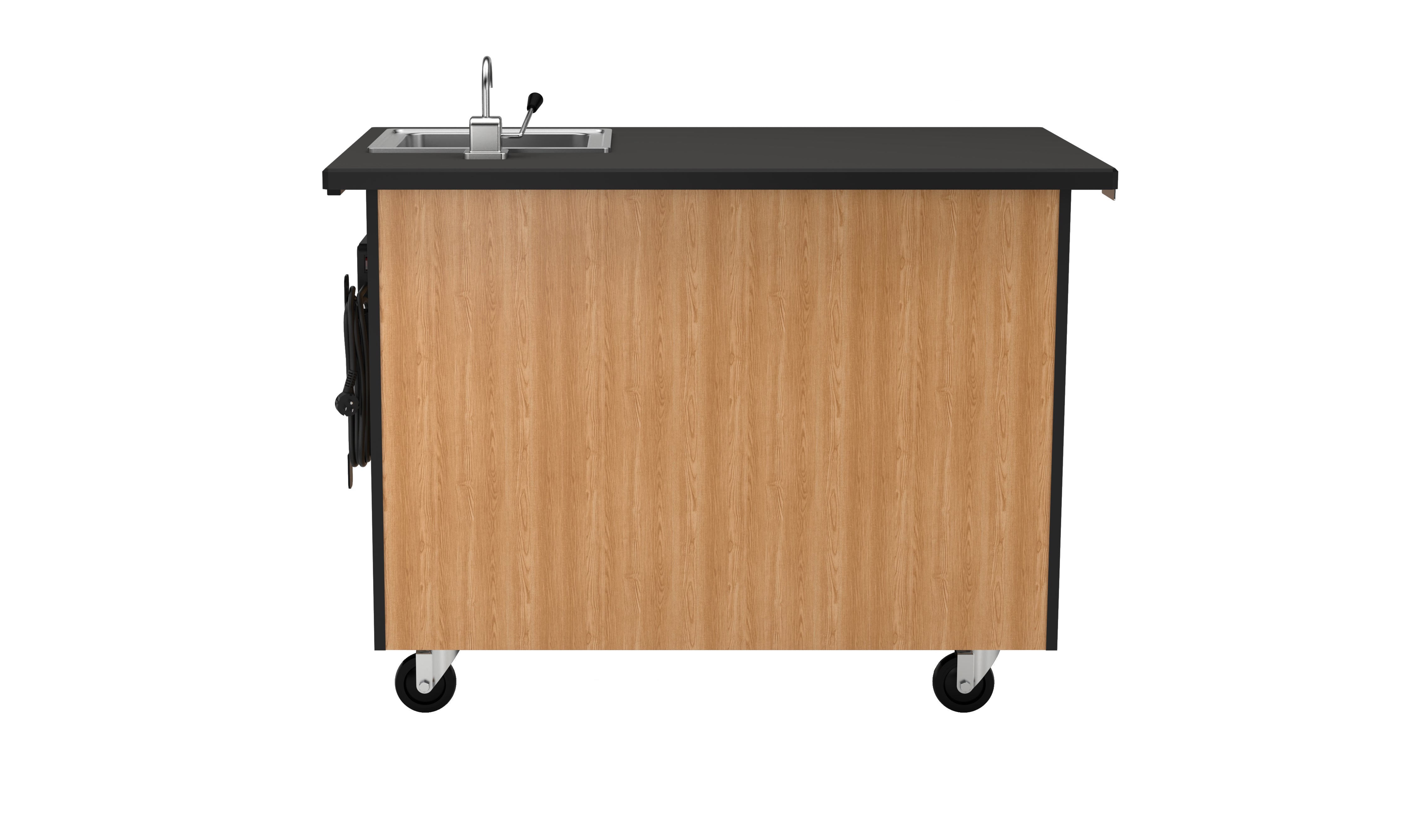 NPS® Mobile Science Cabinet with Shelving, Phenolic Top and Sink, Surface Color: Black, Cabinet Color: Oak