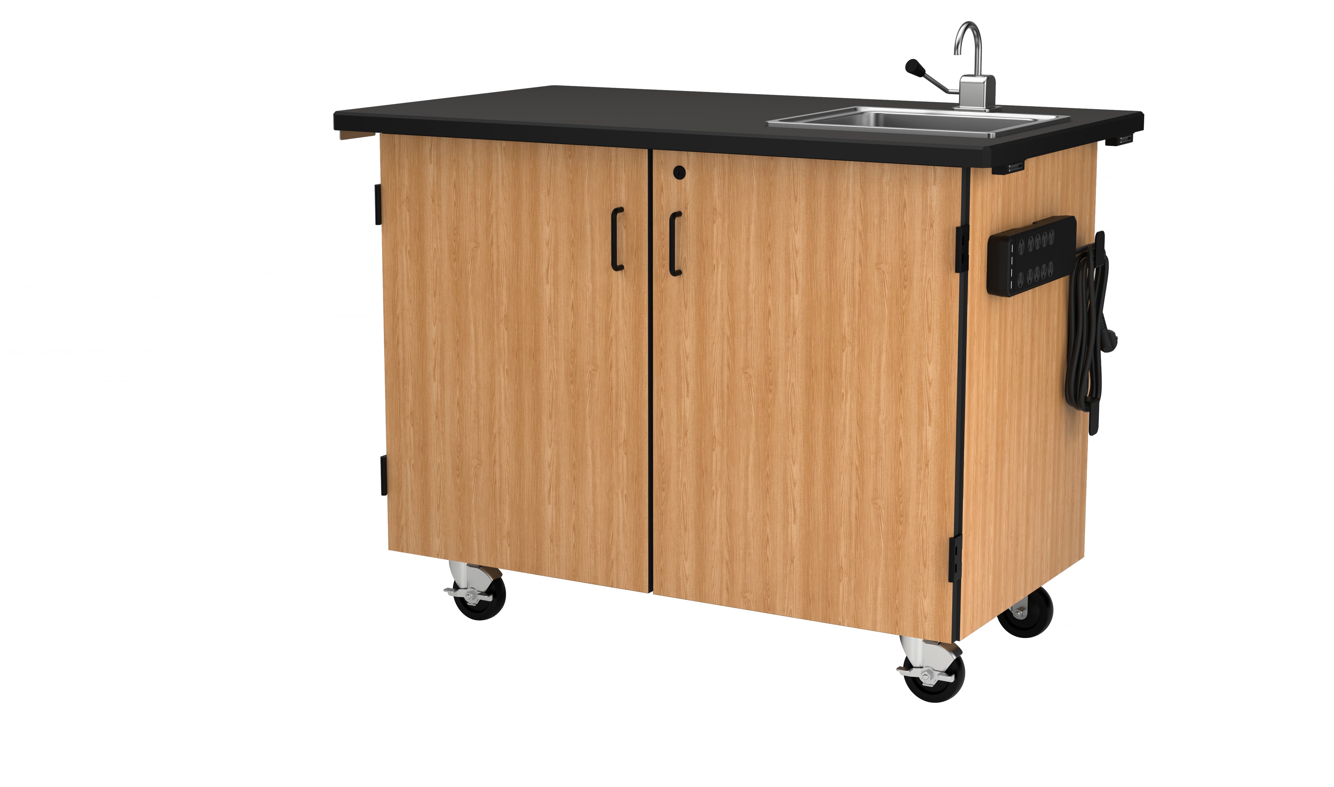 NPS® Mobile Science Cabinet with Inner Drawers & Pegboard, Phenolic Top and Sink, Surface Color: Black, Cabinet Color: Oak