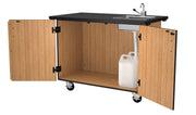 NPS® Mobile Science Cabinet with Shelving, Phenolic Top and Sink, Surface Color: Black, Cabinet Color: Oak