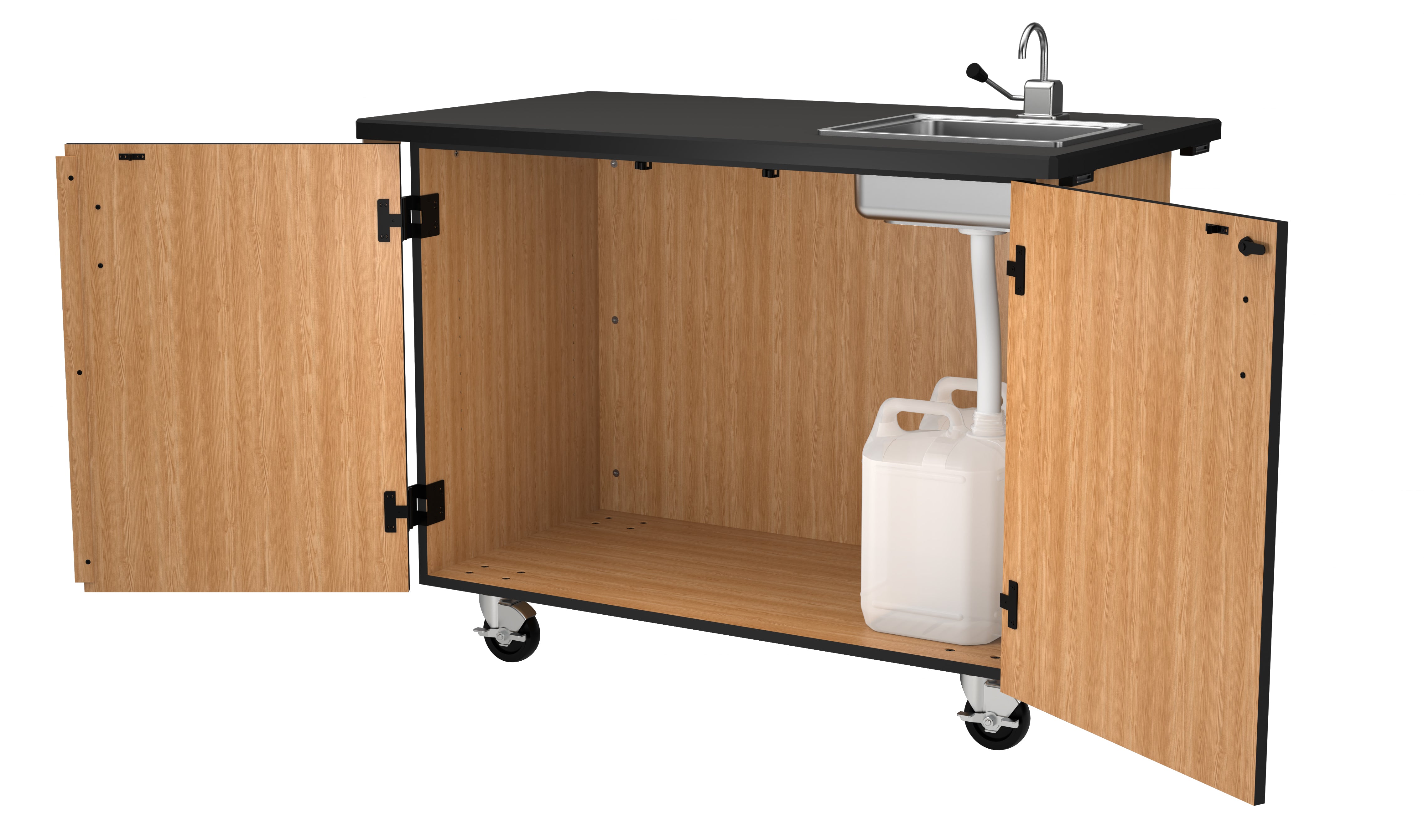 NPS® Mobile Science Cabinet with Shelving, Phenolic Top and Sink, Surface Color: Black, Cabinet Color: Oak