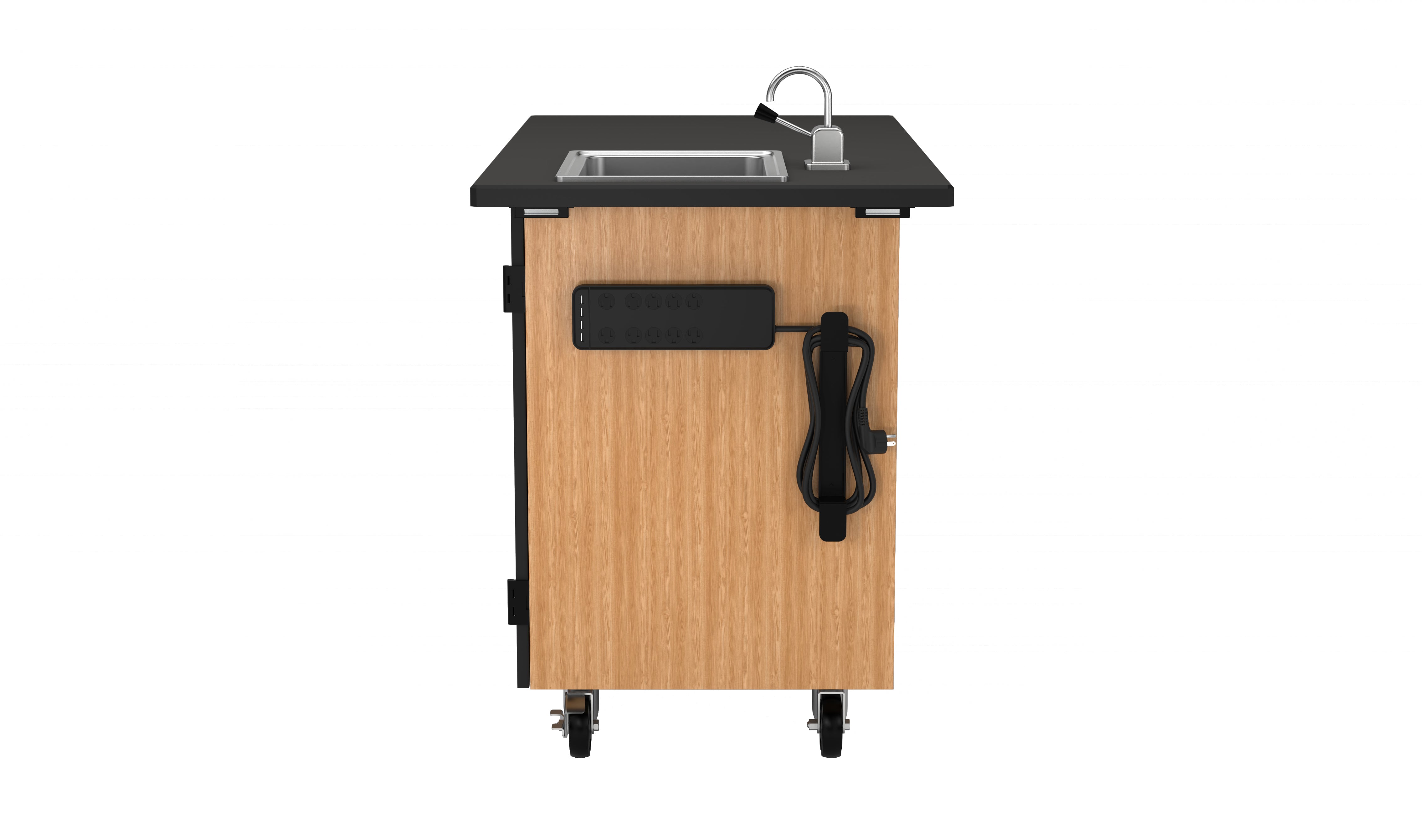 NPS® Mobile Science Cabinet with Inner Drawers & Pegboard, Phenolic Top and Sink, Surface Color: Black, Cabinet Color: Oak