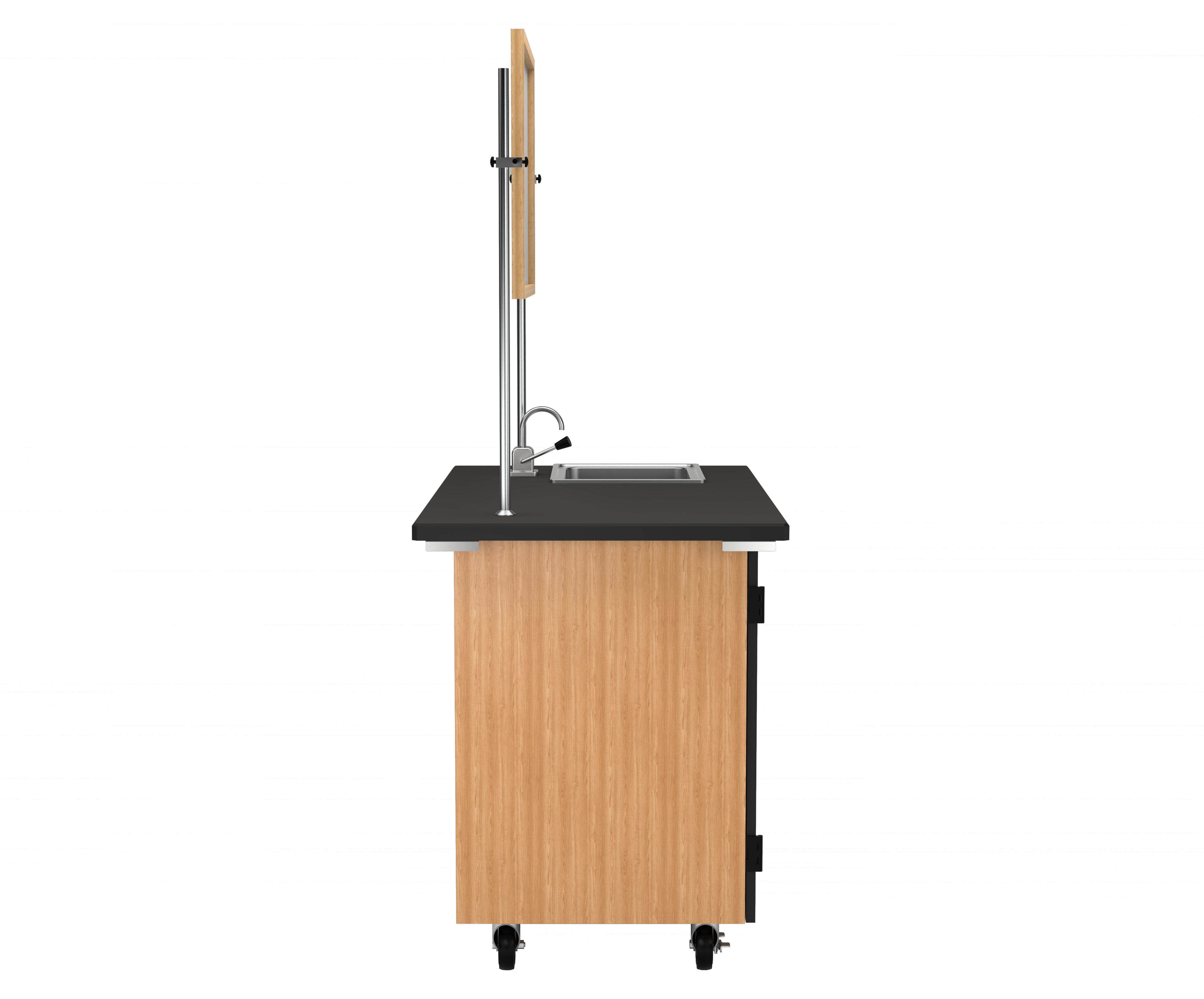 NPS® Mobile Science Cabinet with Inner Drawers & Pegboard, Chem-Res Top, Sink and Whiteboard/Mirror, Surface Color: Black, Cabinet Color: Oak