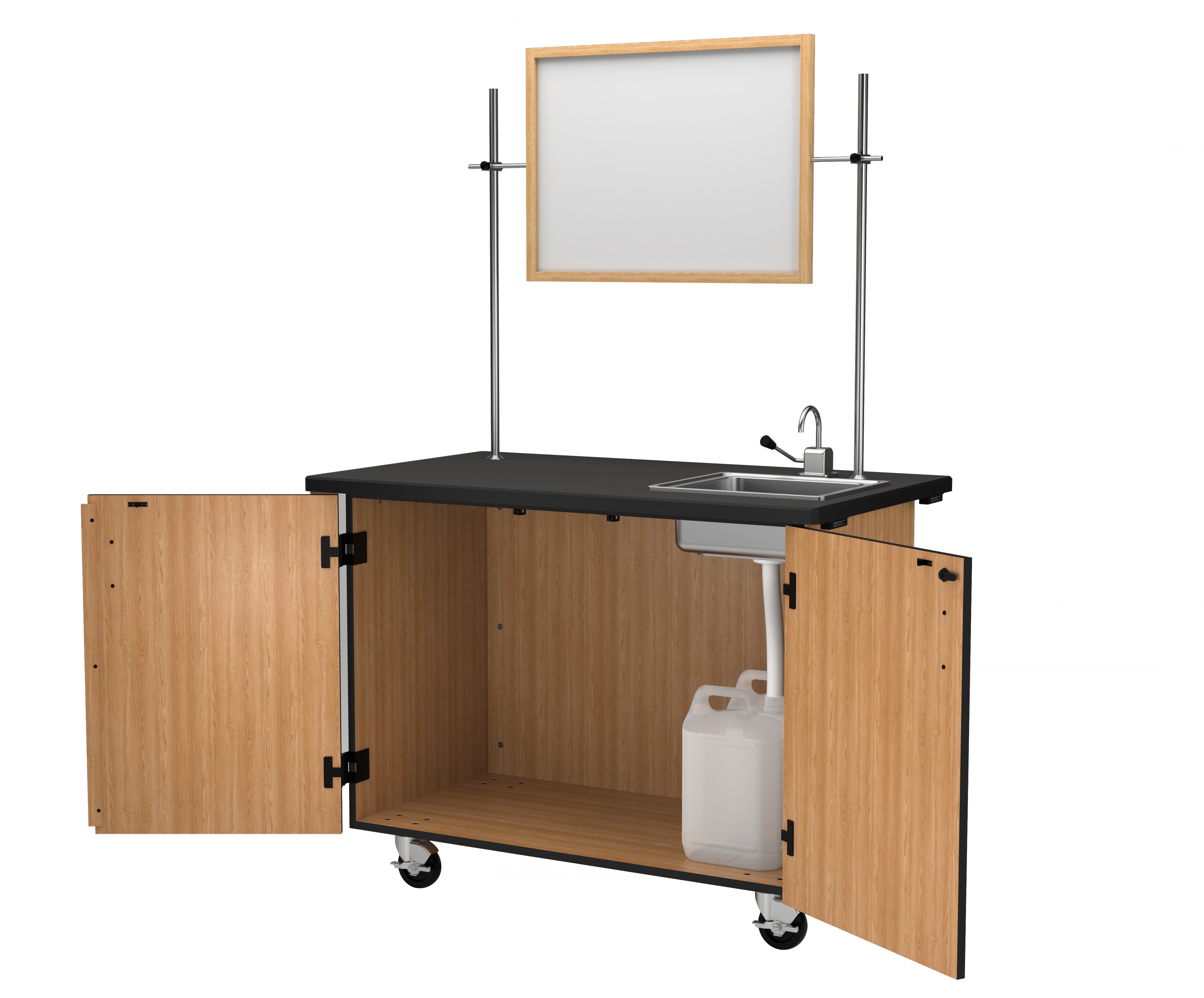 NPS® Mobile Science Cabinet with Shelving, Phenolic Top, Sink and Whiteboard/Mirror, Surface Color: Black, Cabinet Color: Oak
