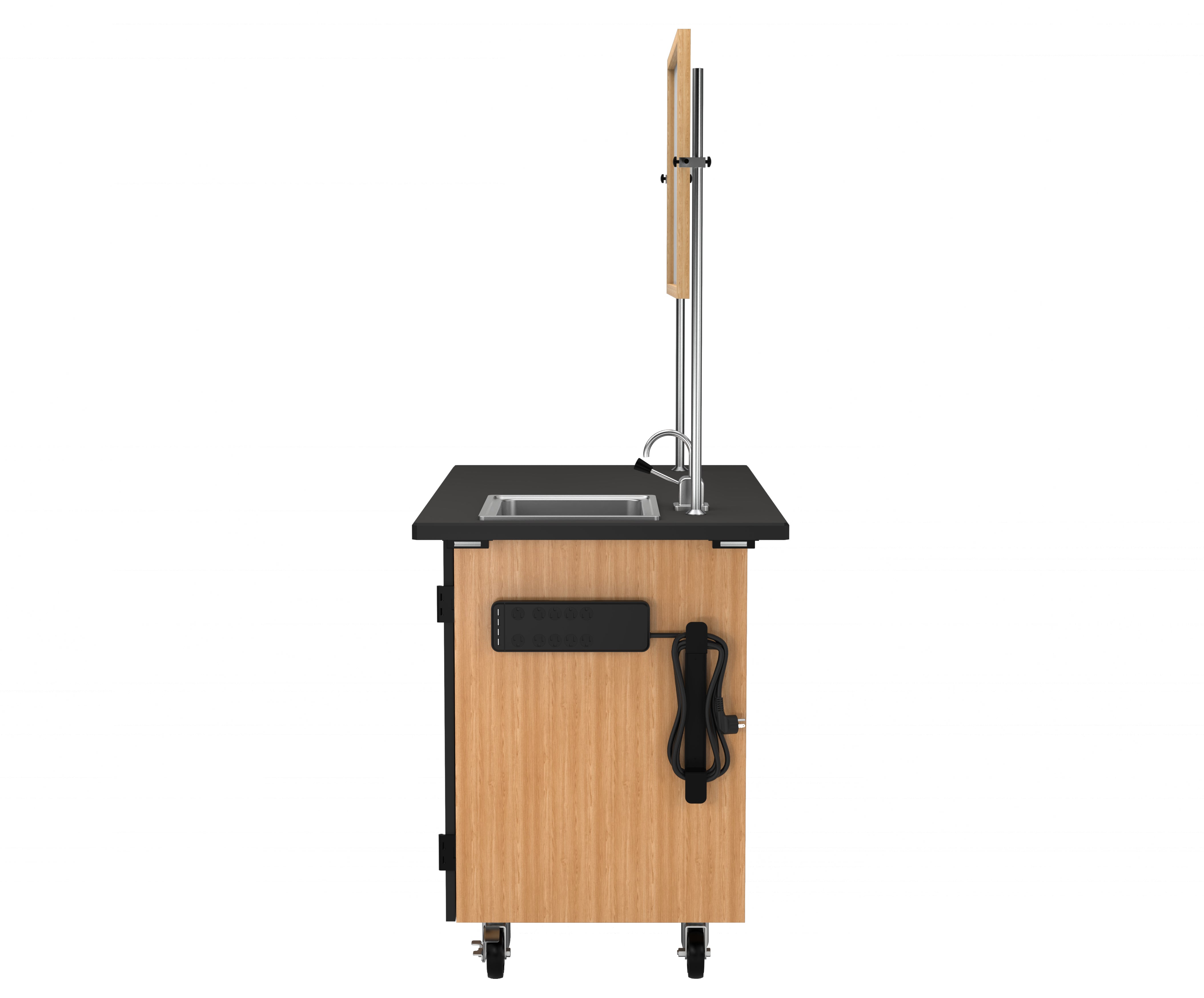 NPS® Mobile Science Cabinet with Shelving, Phenolic Top, Sink and Whiteboard/Mirror, Surface Color: Black, Cabinet Color: Oak