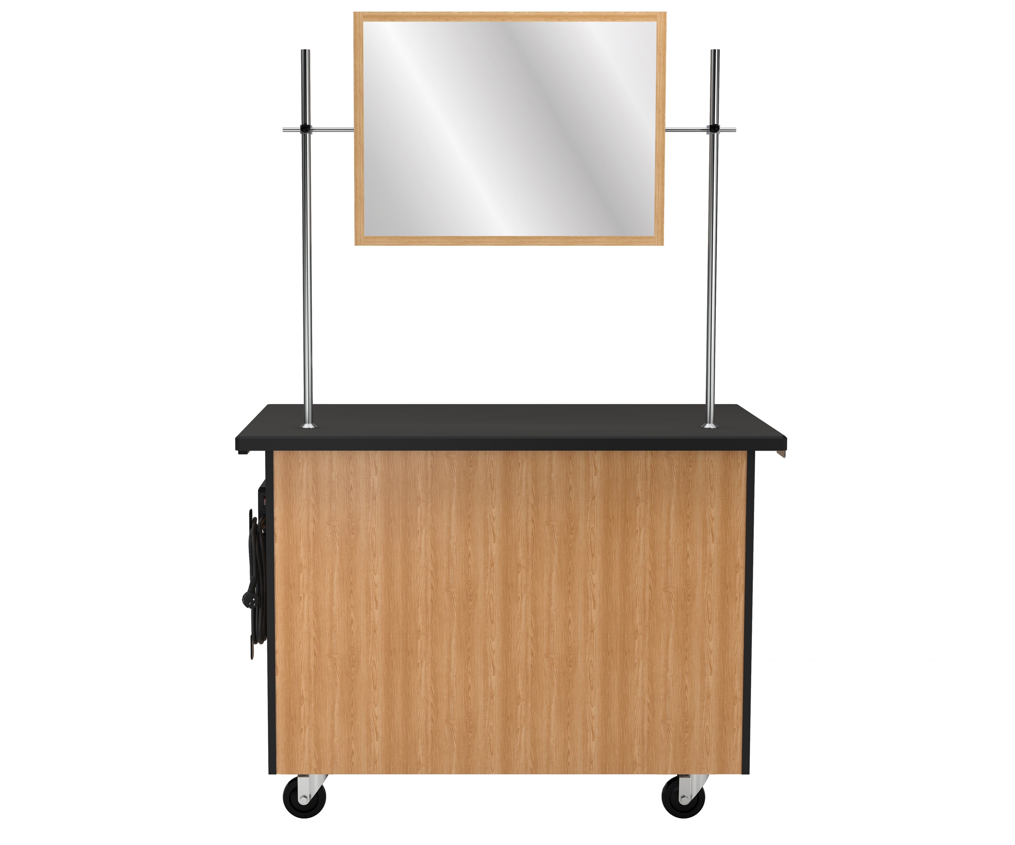 NPS® Mobile Science Cabinet with Inner Drawers & Pegboard, Phenolic Top and Whiteboard/Mirror, Surface Color: Black, Cabinet Color: Oak