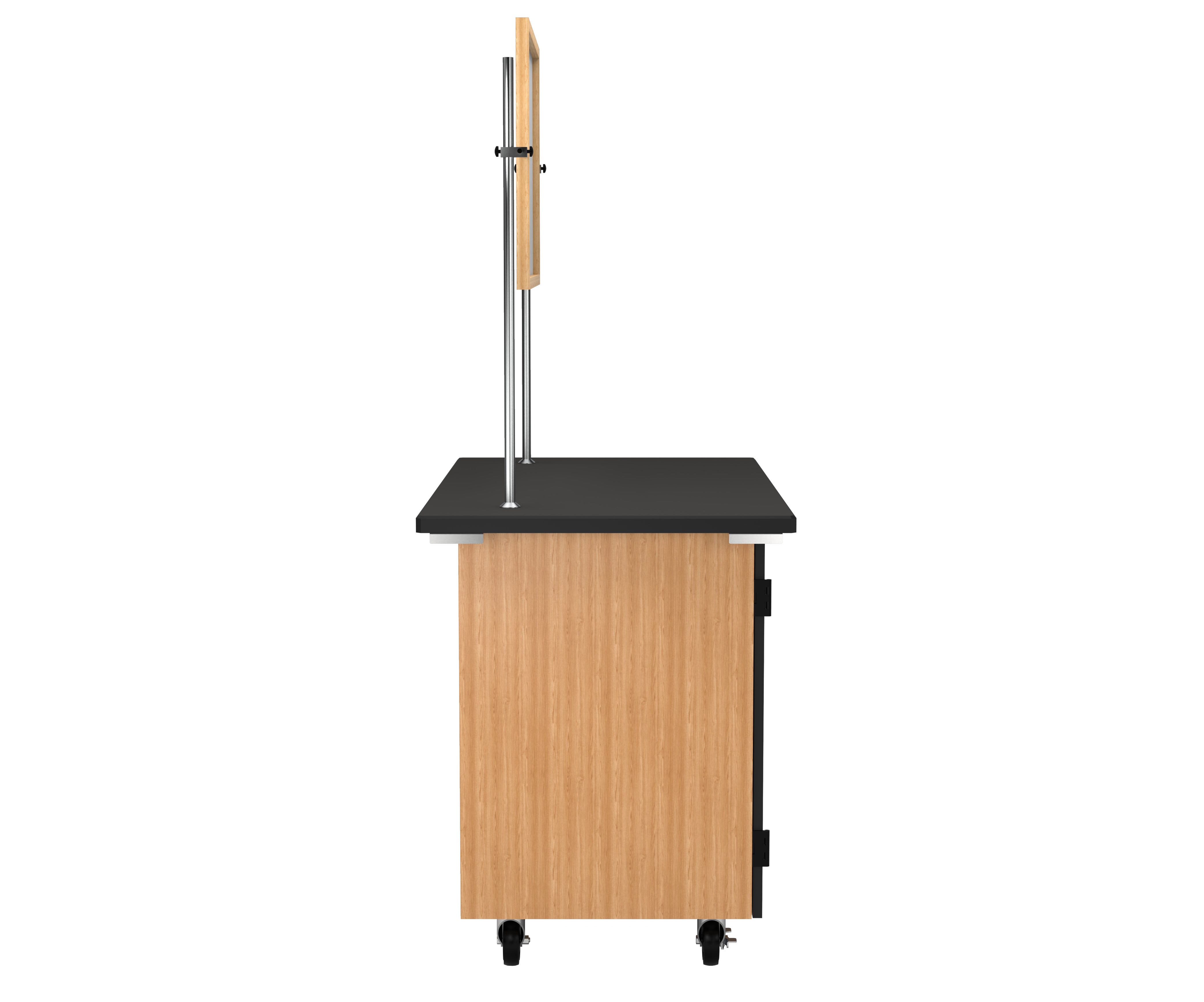 NPS® Mobile Science Cabinet with Shelving, Phenolic Top and Whiteboard/Mirror, Surface Color: Black, Cabinet Color: Oak