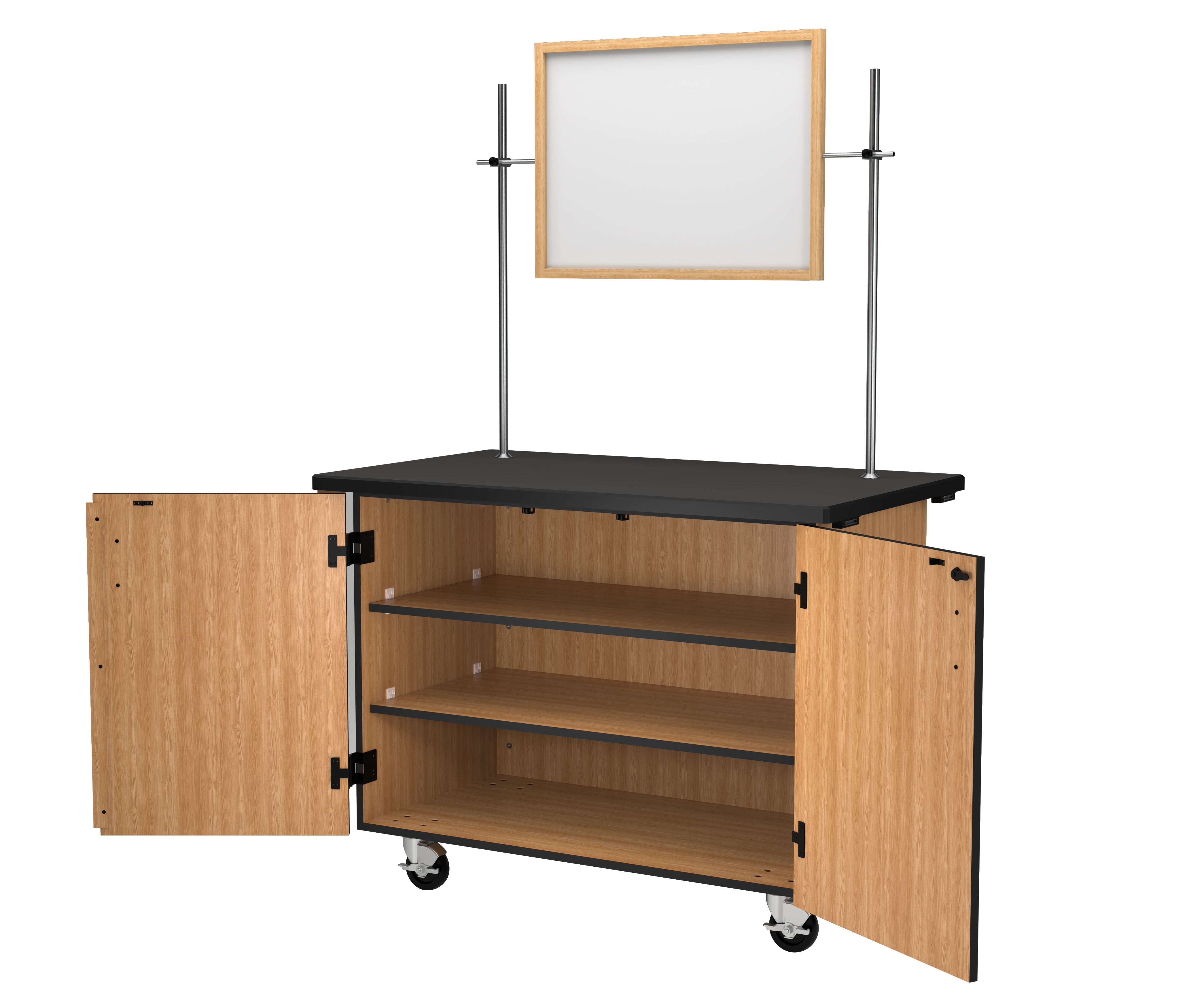 NPS® Mobile Science Cabinet with Shelving, Chem-Res Top and Whiteboard/Mirror, Surface Color: Black, Cabinet Color: Oak