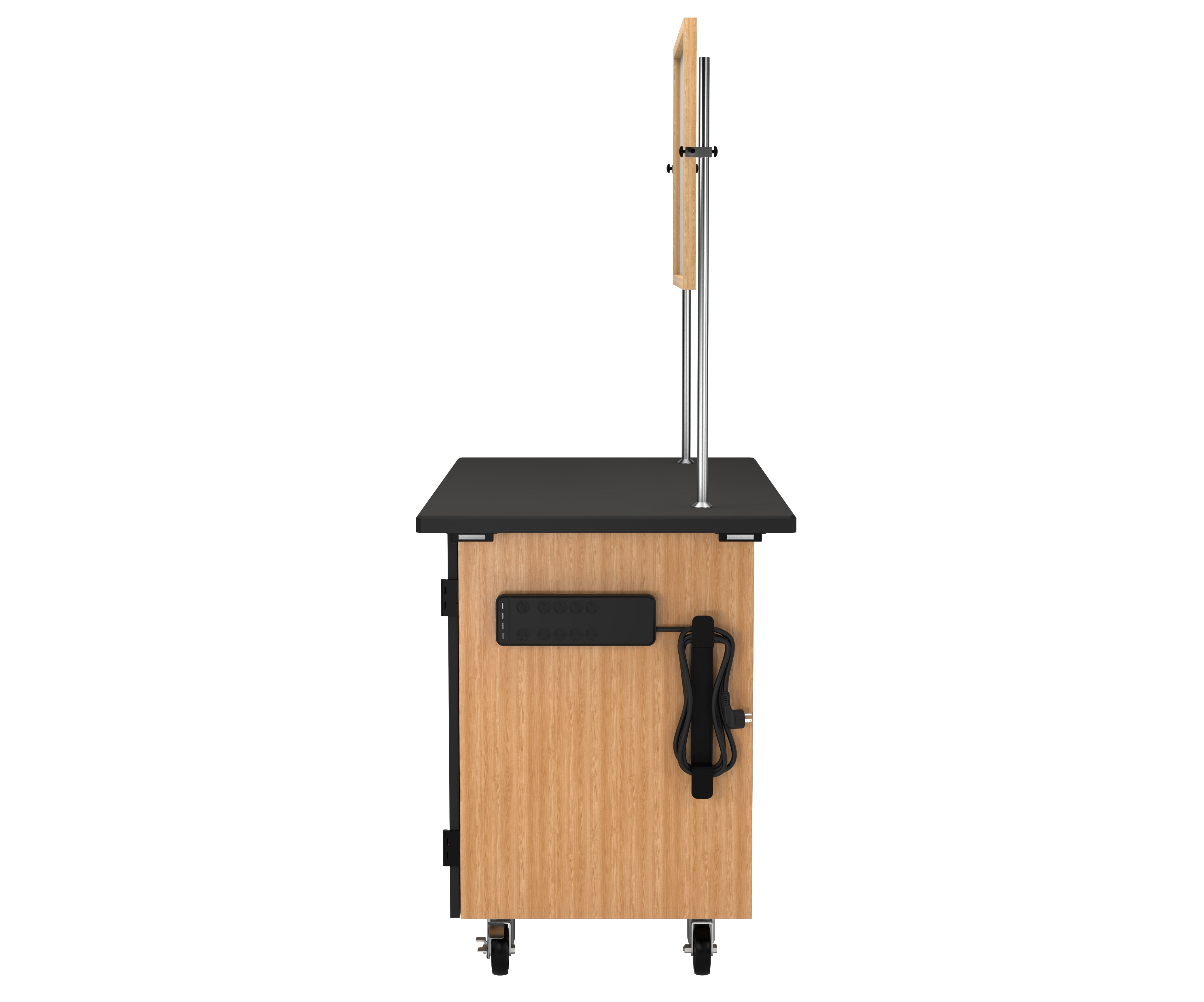 NPS® Mobile Science Cabinet with Inner Drawers & Pegboard, Phenolic Top and Whiteboard/Mirror, Surface Color: Black, Cabinet Color: Oak
