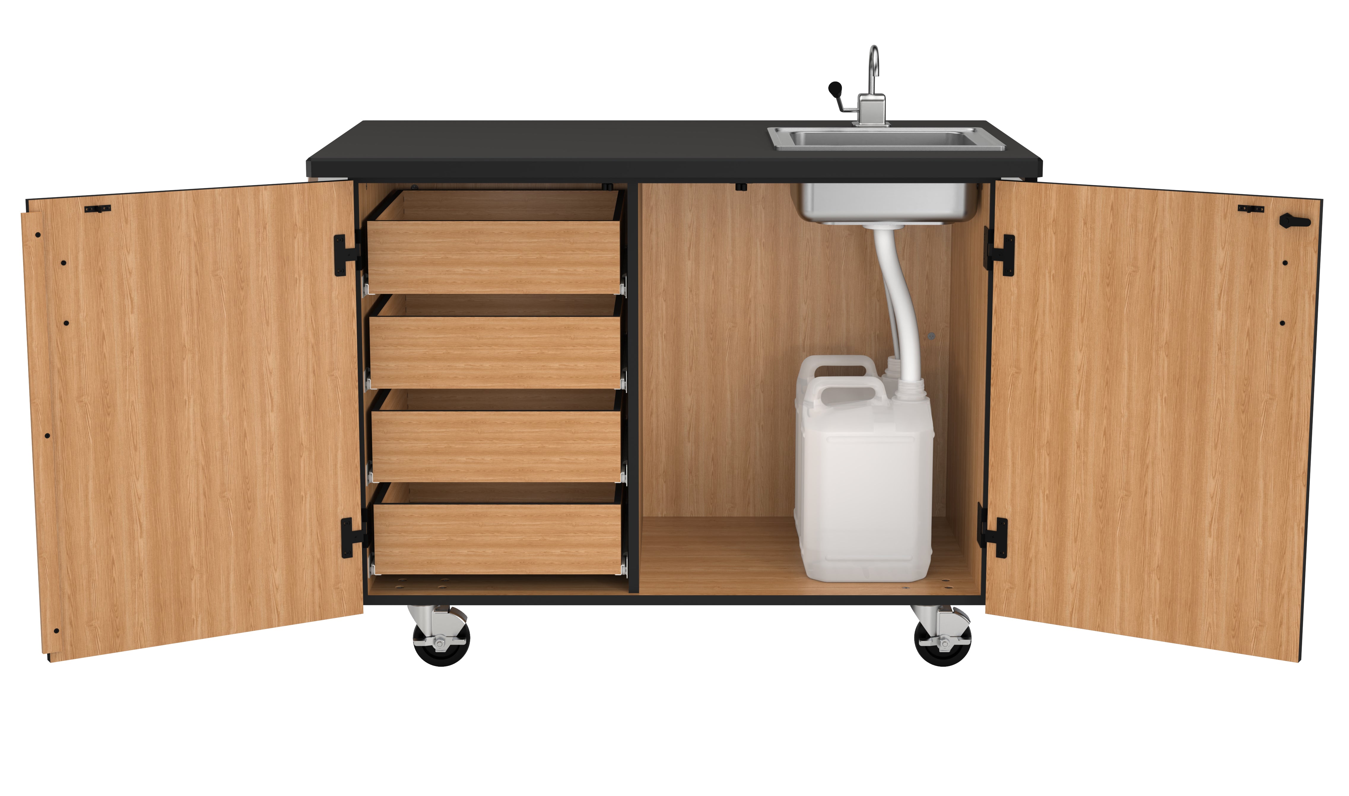 NPS® Mobile Science Cabinet with Inner Drawers & Shelf, Chem-Res Top and Sink, Surface Color: Black, Cabinet Color: Oak