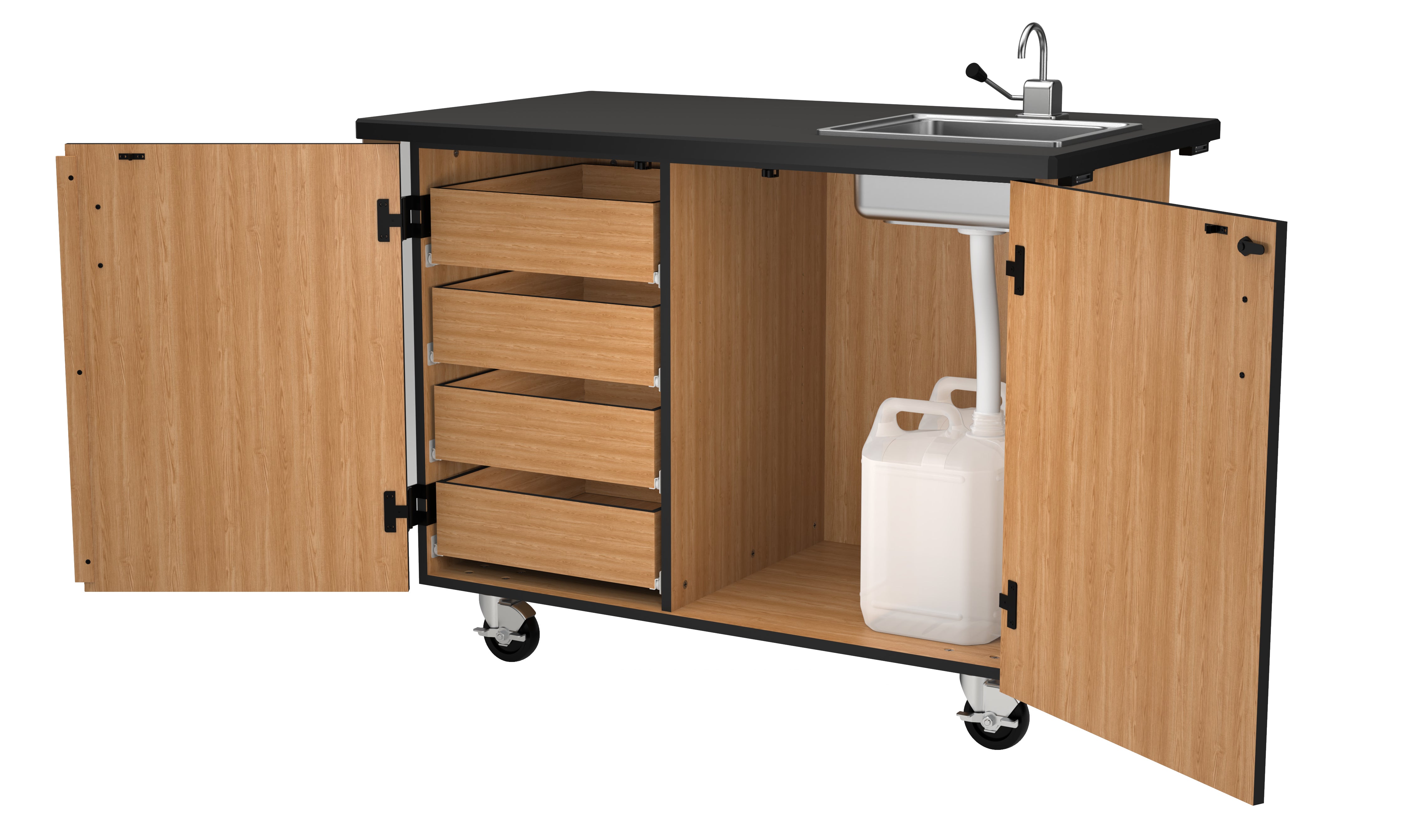 NPS® Mobile Science Cabinet with Inner Drawers & Shelf, Phenolic Top and Sink, Surface Color: Black, Cabinet Color: Oak