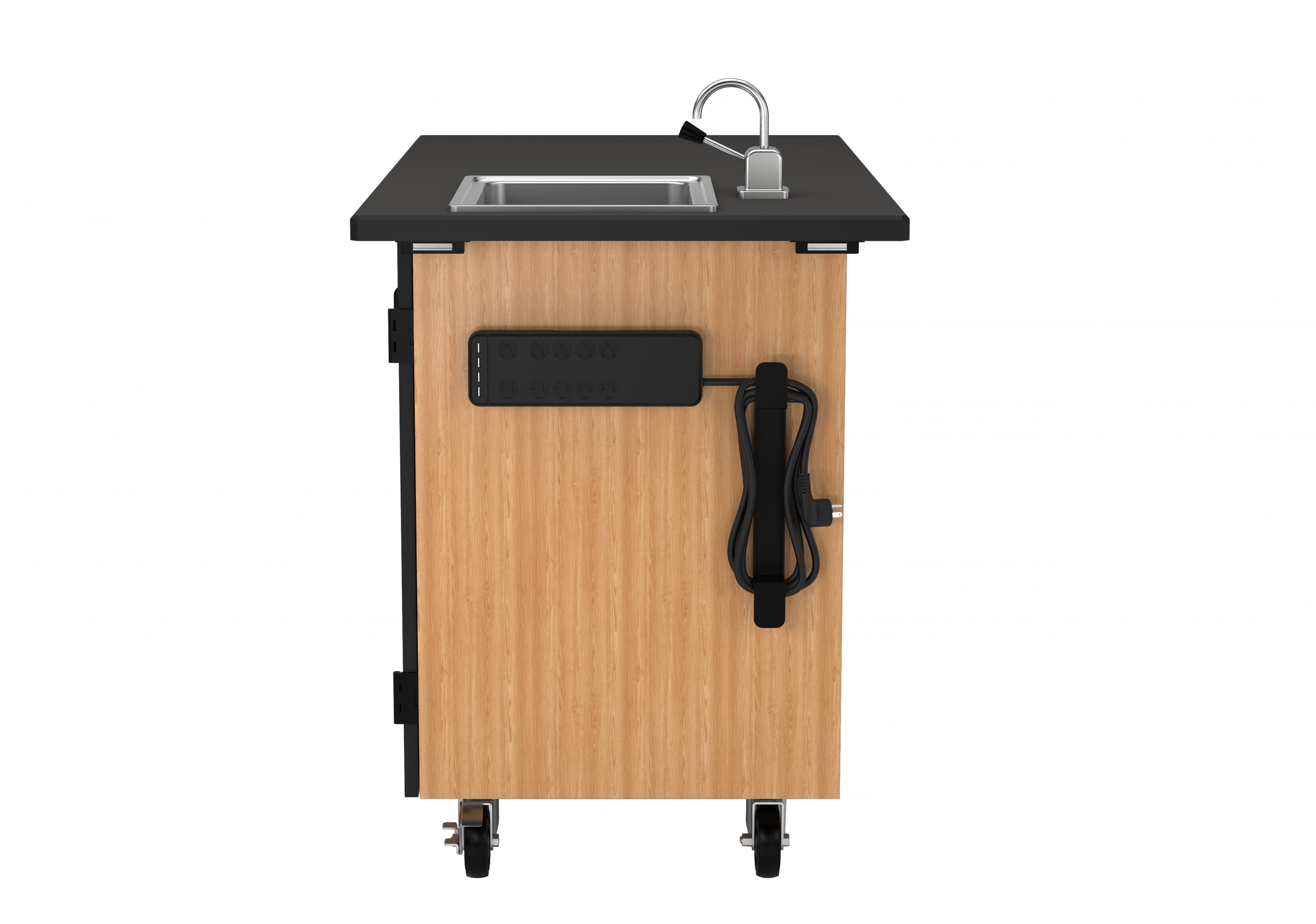 NPS® Mobile Science Cabinet with Inner Drawers & Shelf, Phenolic Top and Sink, Surface Color: Black, Cabinet Color: Oak