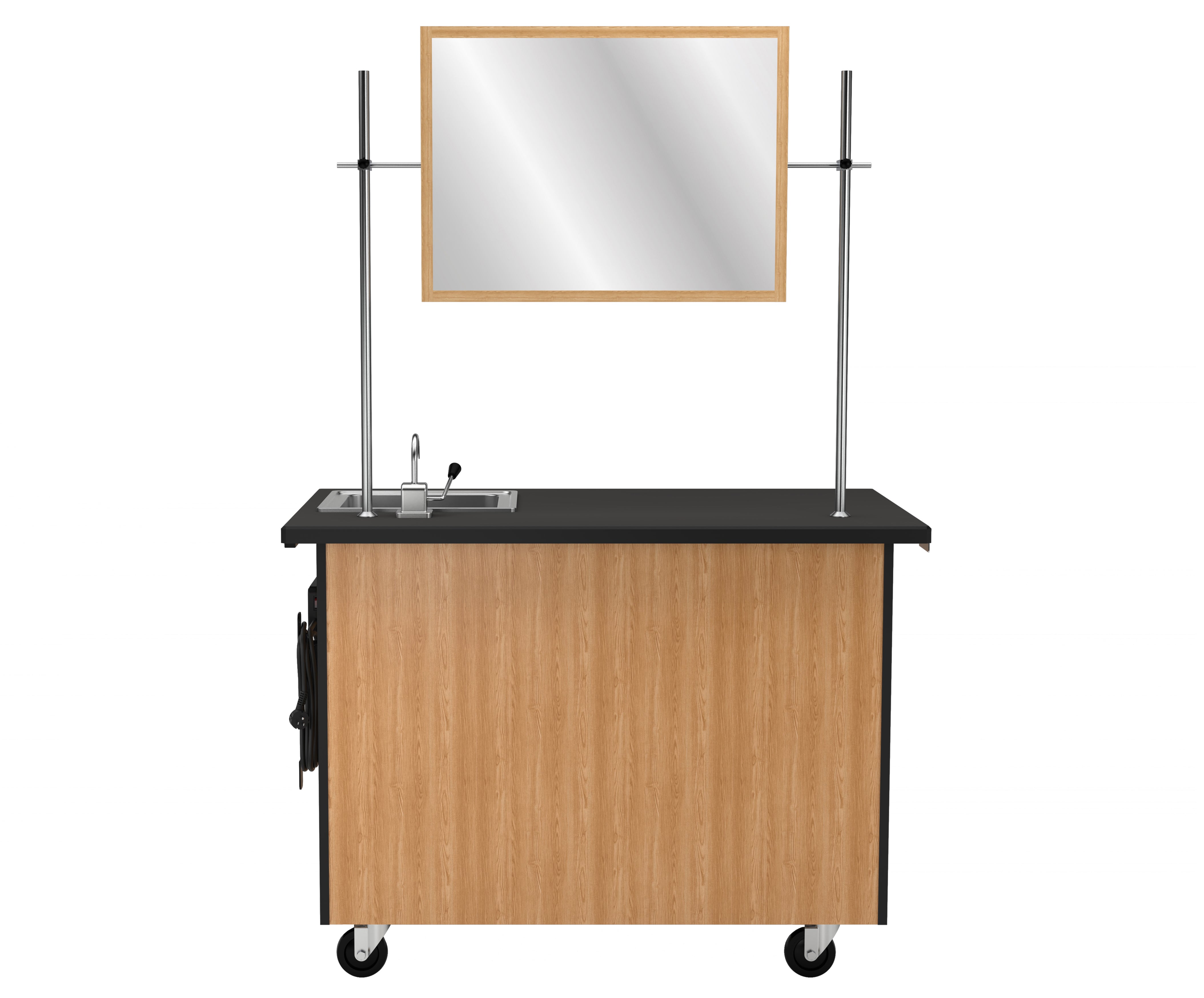 NPS® Mobile Science Cabinet with Inner Drawers & Shelf, Phenolic Top, Sink and Whiteboard/Mirror, Surface Color: Black, Cabinet Color: Oak