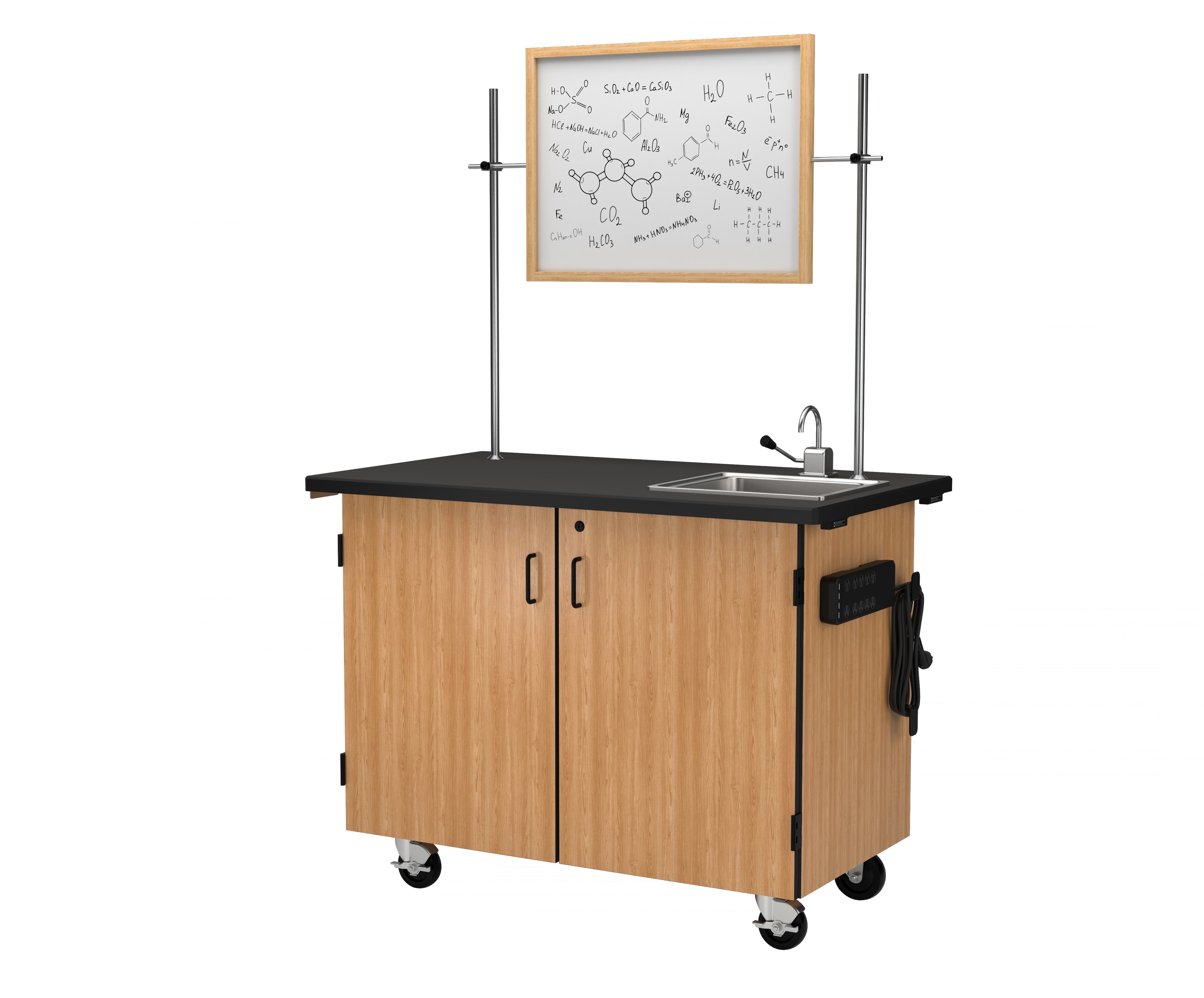 NPS® Mobile Science Cabinet with Inner Drawers & Shelf, Phenolic Top, Sink and Whiteboard/Mirror, Surface Color: Black, Cabinet Color: Oak