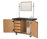 NPS® Mobile Science Cabinet with Inner Drawers & Shelf, Phenolic Top, Sink and Whiteboard/Mirror, Surface Color: Black, Cabinet Color: Oak
