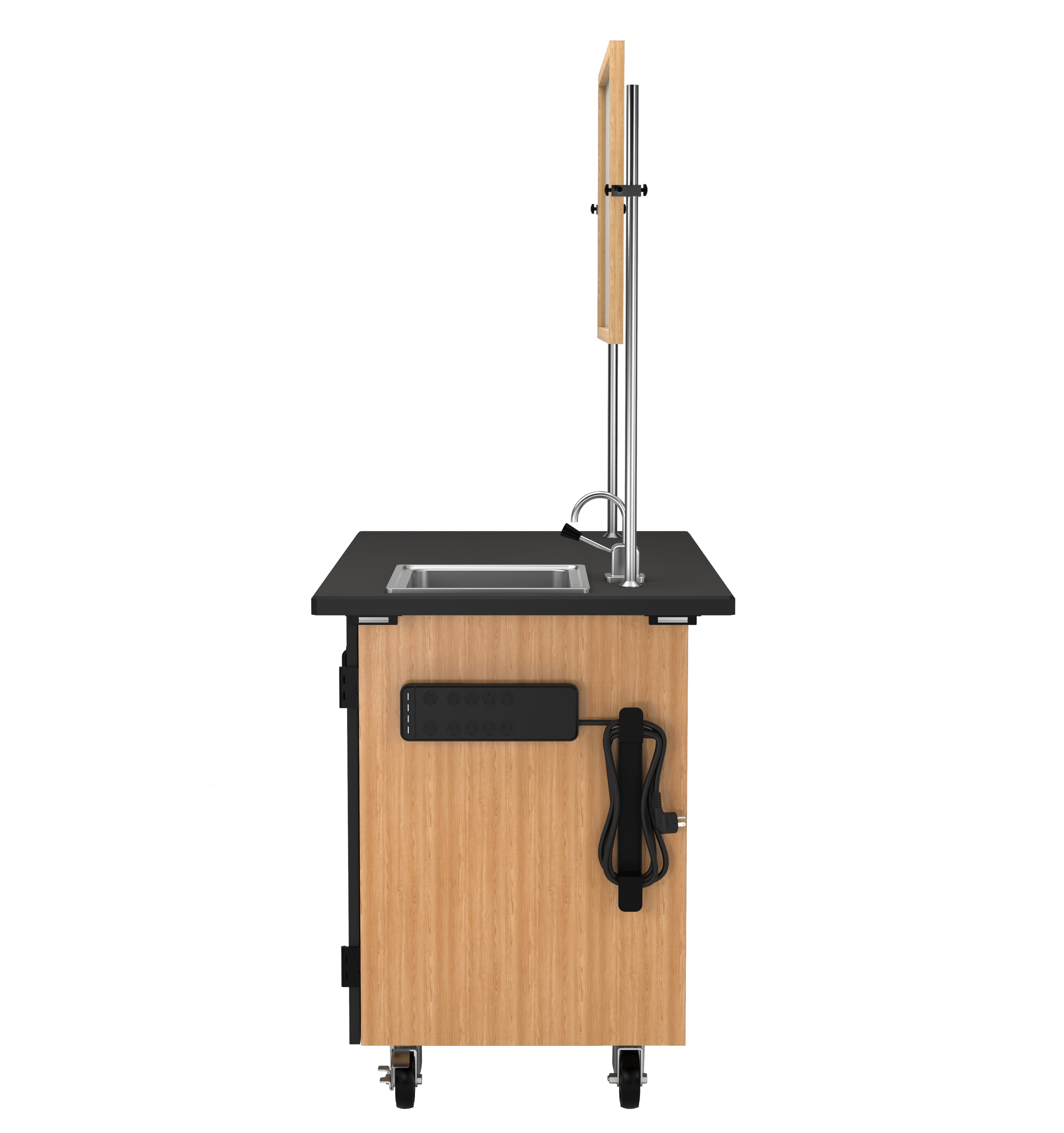 NPS® Mobile Science Cabinet with Inner Drawers & Shelf, Phenolic Top, Sink and Whiteboard/Mirror, Surface Color: Black, Cabinet Color: Oak