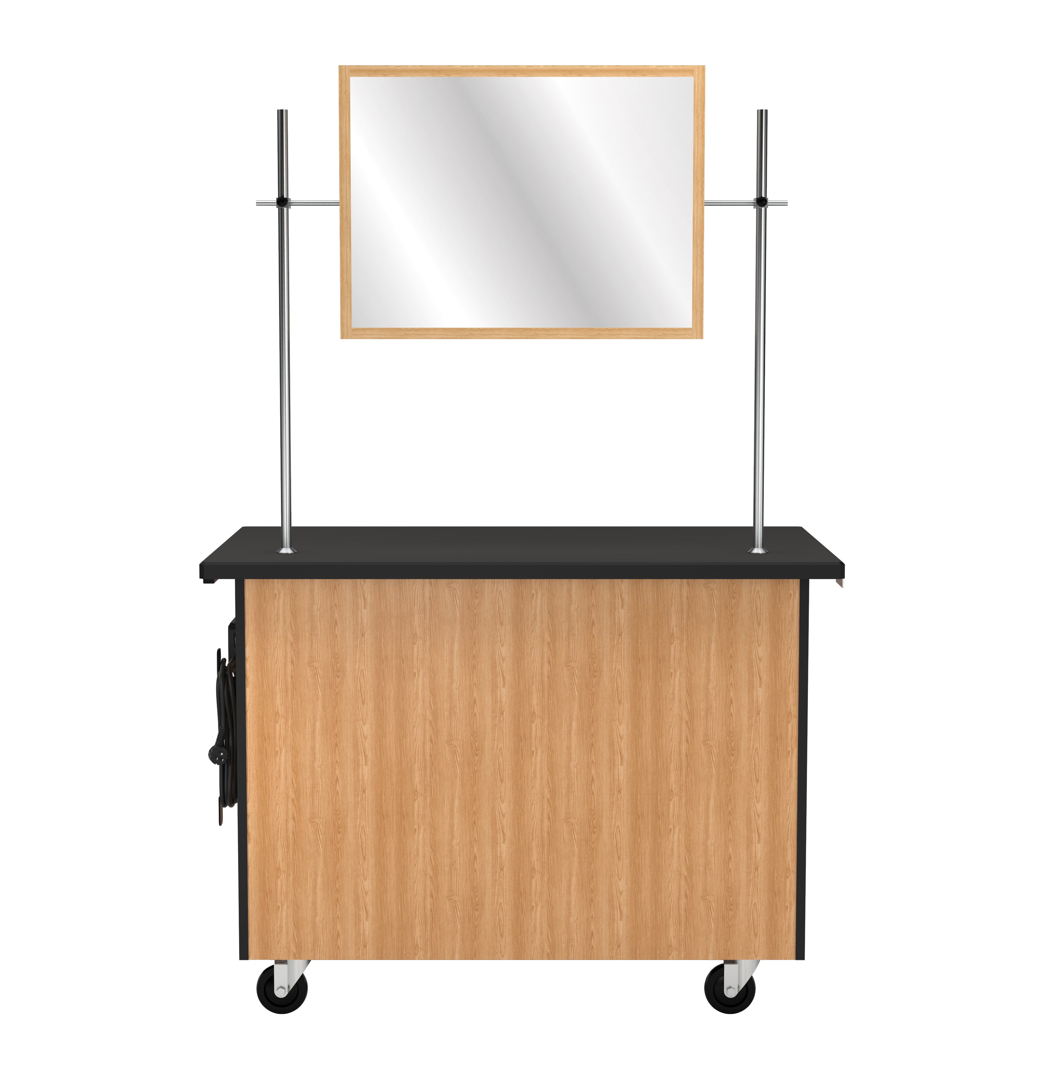 NPS® Mobile Science Cabinet with Inner Drawers & Shelf, Phenolic Top and Whiteboard/Mirror, Surface Color: Black, Cabinet Color: Oak