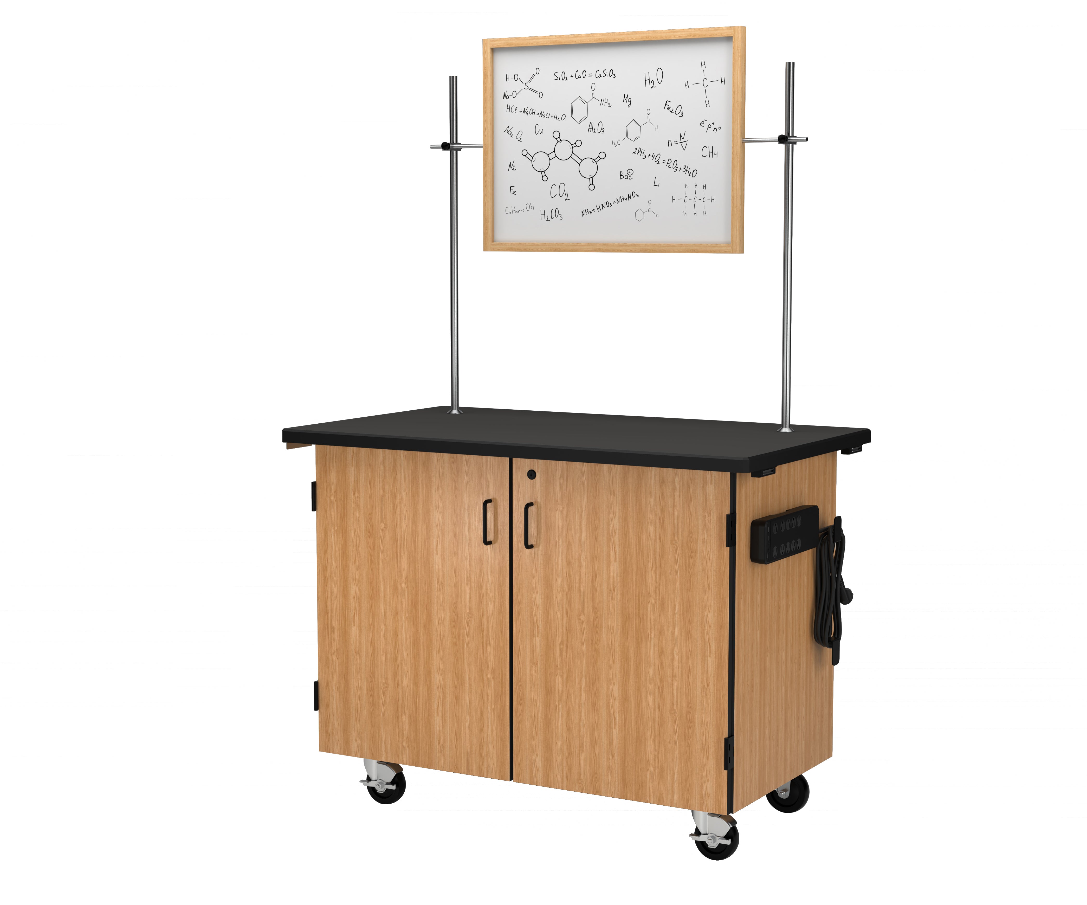 NPS® Mobile Science Cabinet with Inner Drawers & Shelf, Chem-Res Top and Whiteboard/Mirror, Surface Color: Black, Cabinet Color: Oak