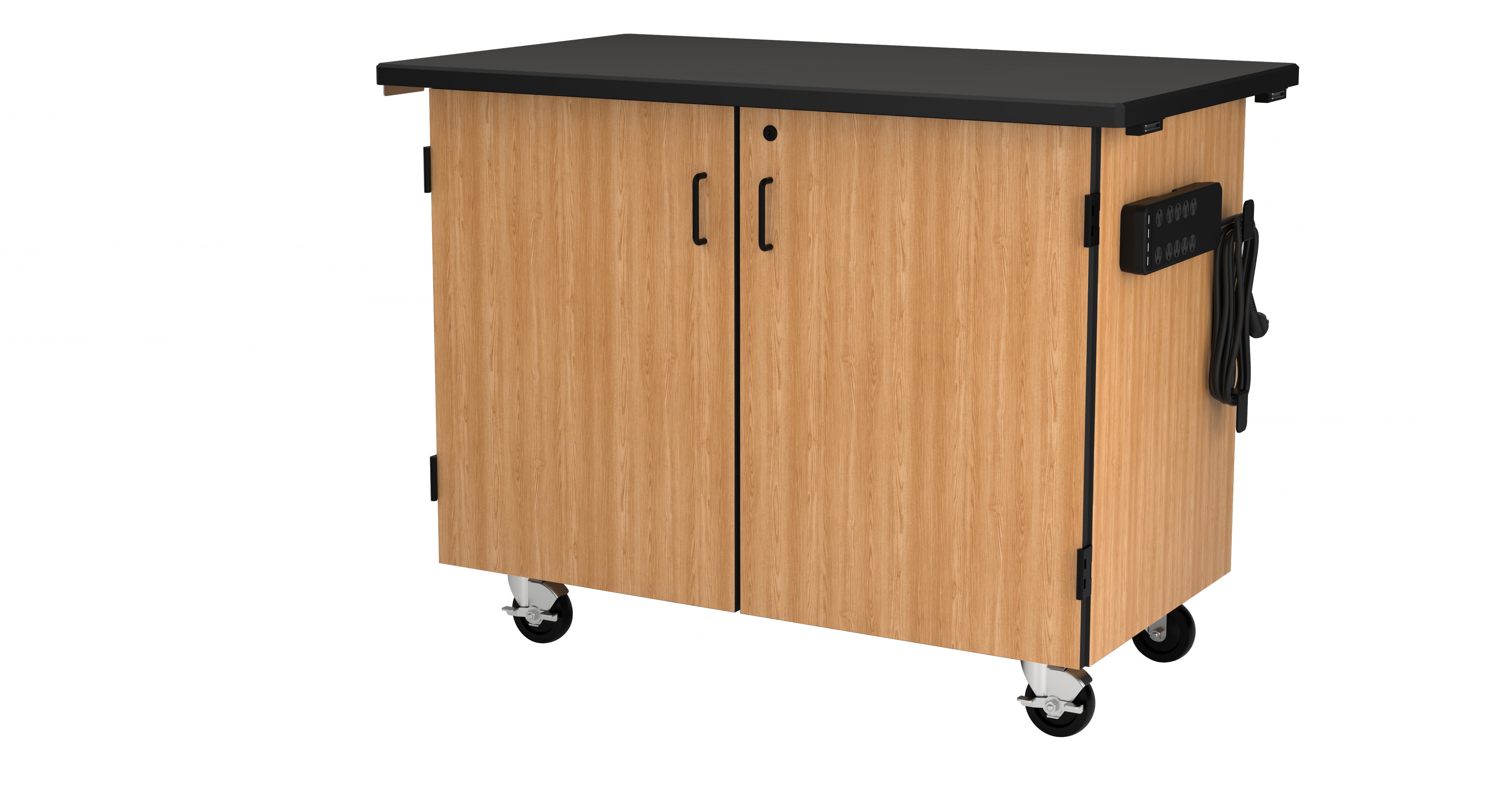 NPS® Mobile Science Cabinet with Inner Drawers & Shelf, Phenolic Top, Surface Color: Black, Cabinet Color: Oak