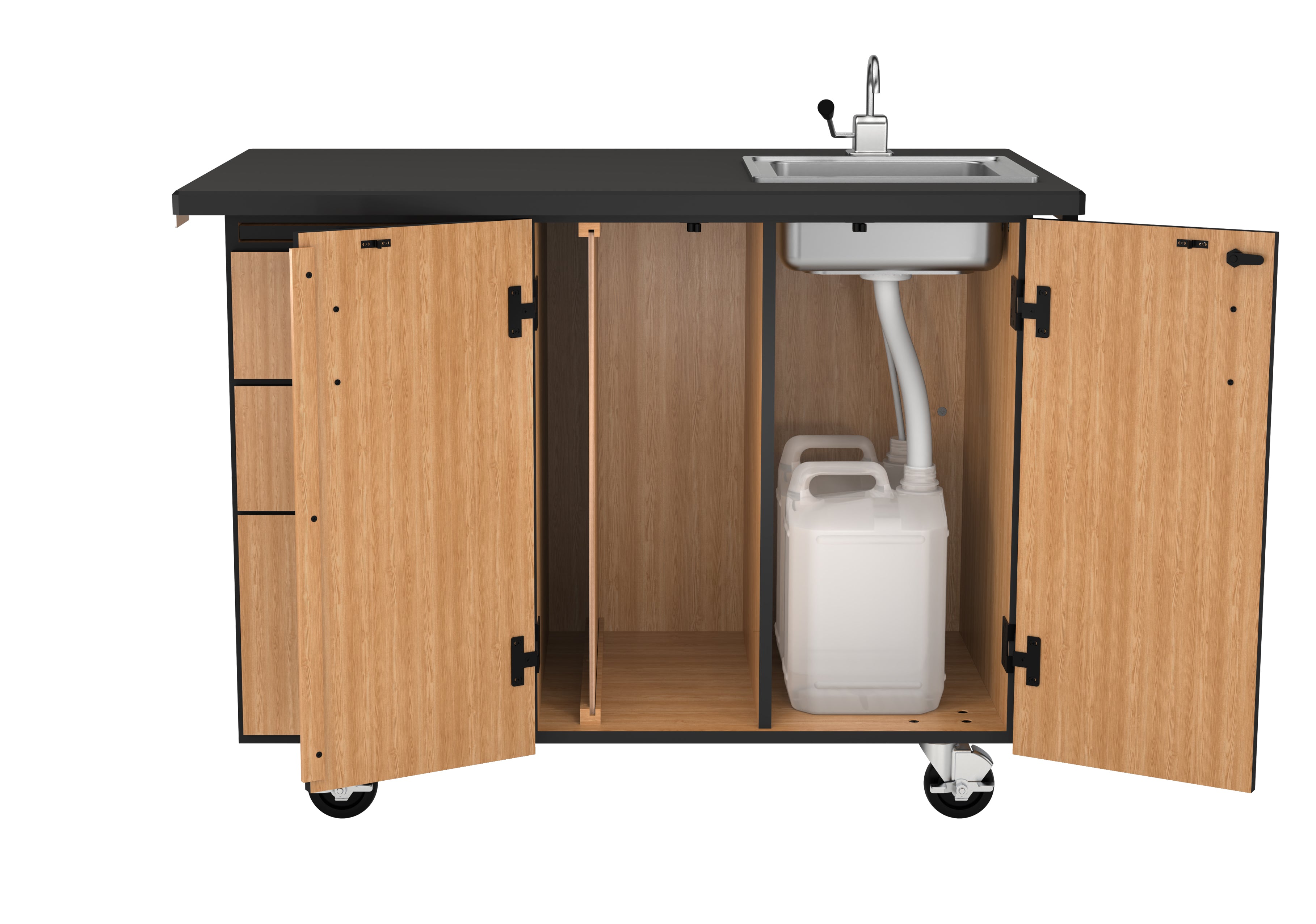 NPS® Mobile Science Cabinet with External Drawers & Pegboard, Chem-Res Top and Sink, Surface Color: Black, Cabinet Color: Oak