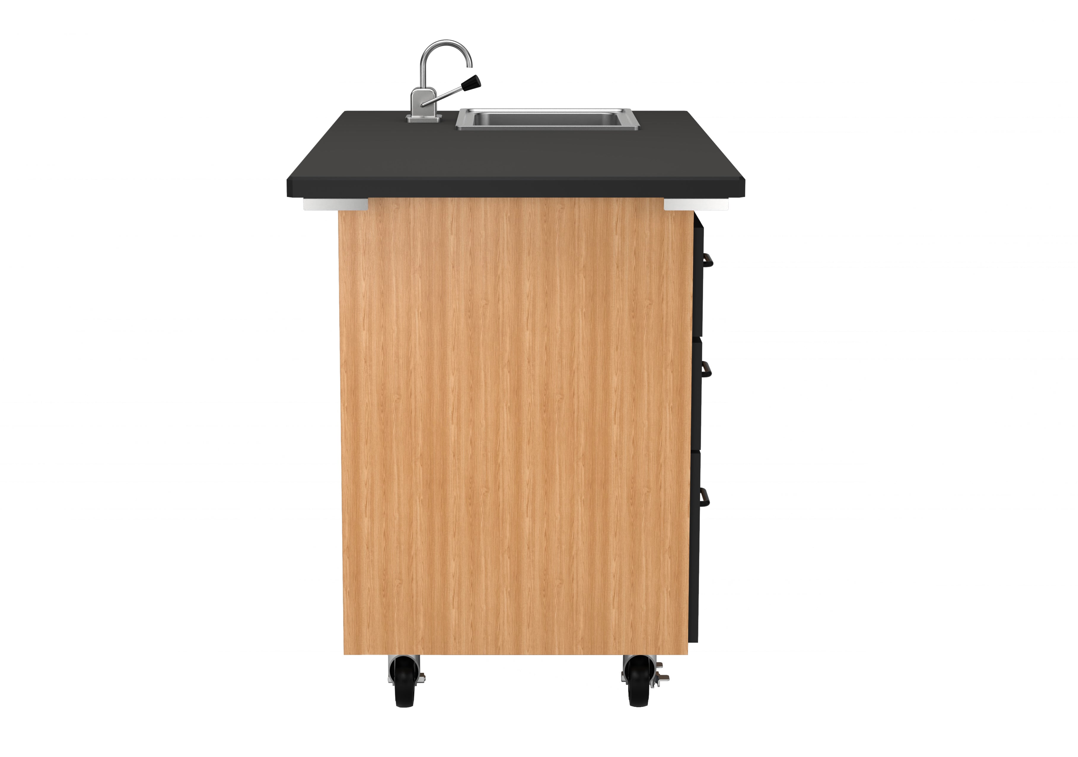 NPS® Mobile Science Cabinet with External Drawers & Pegboard, Phenolic Top and Sink, Surface Color: Black, Cabinet Color: Oak