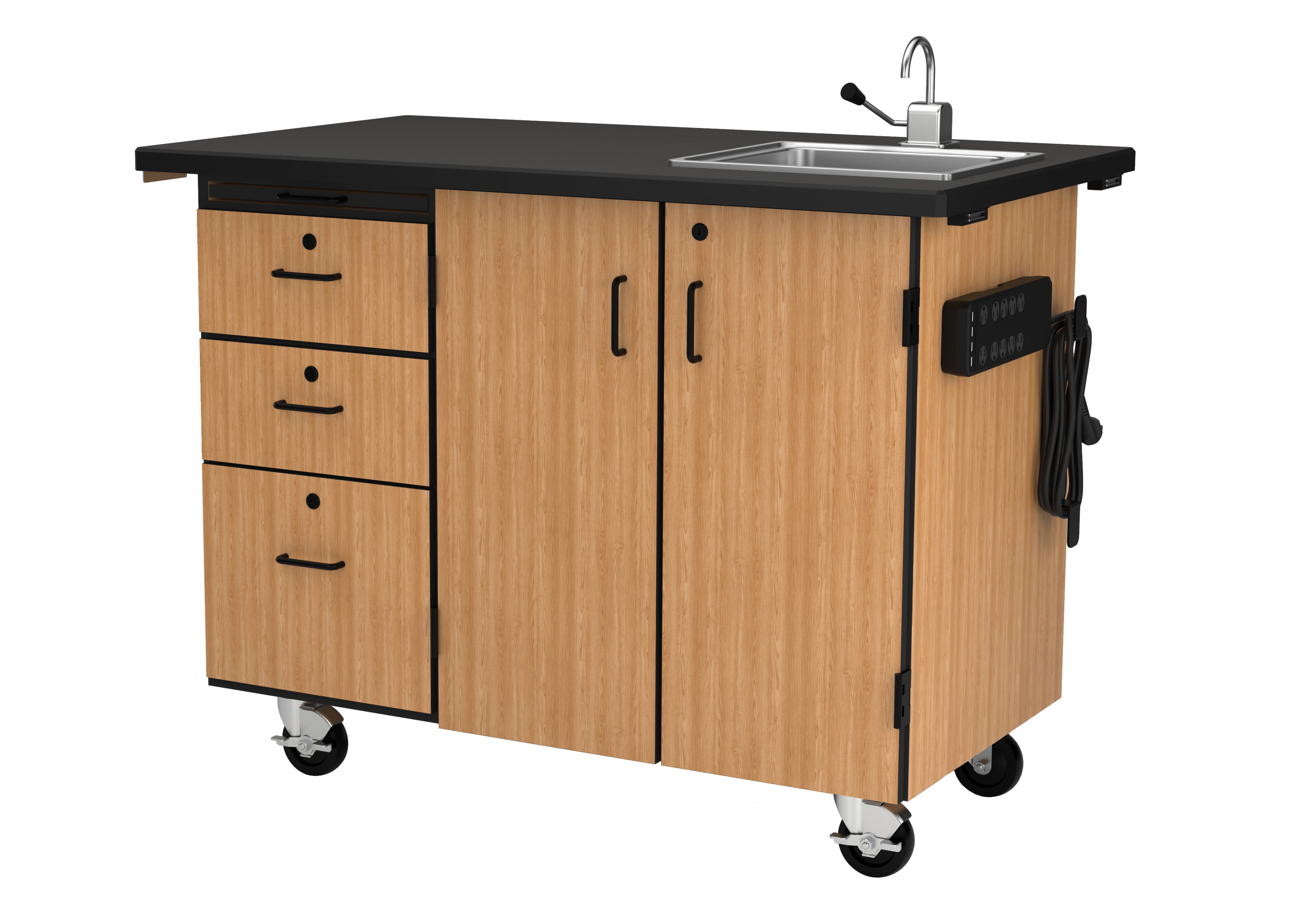 NPS® Mobile Science Cabinet with External Drawers & Pegboard, Phenolic Top and Sink, Surface Color: Black, Cabinet Color: Oak