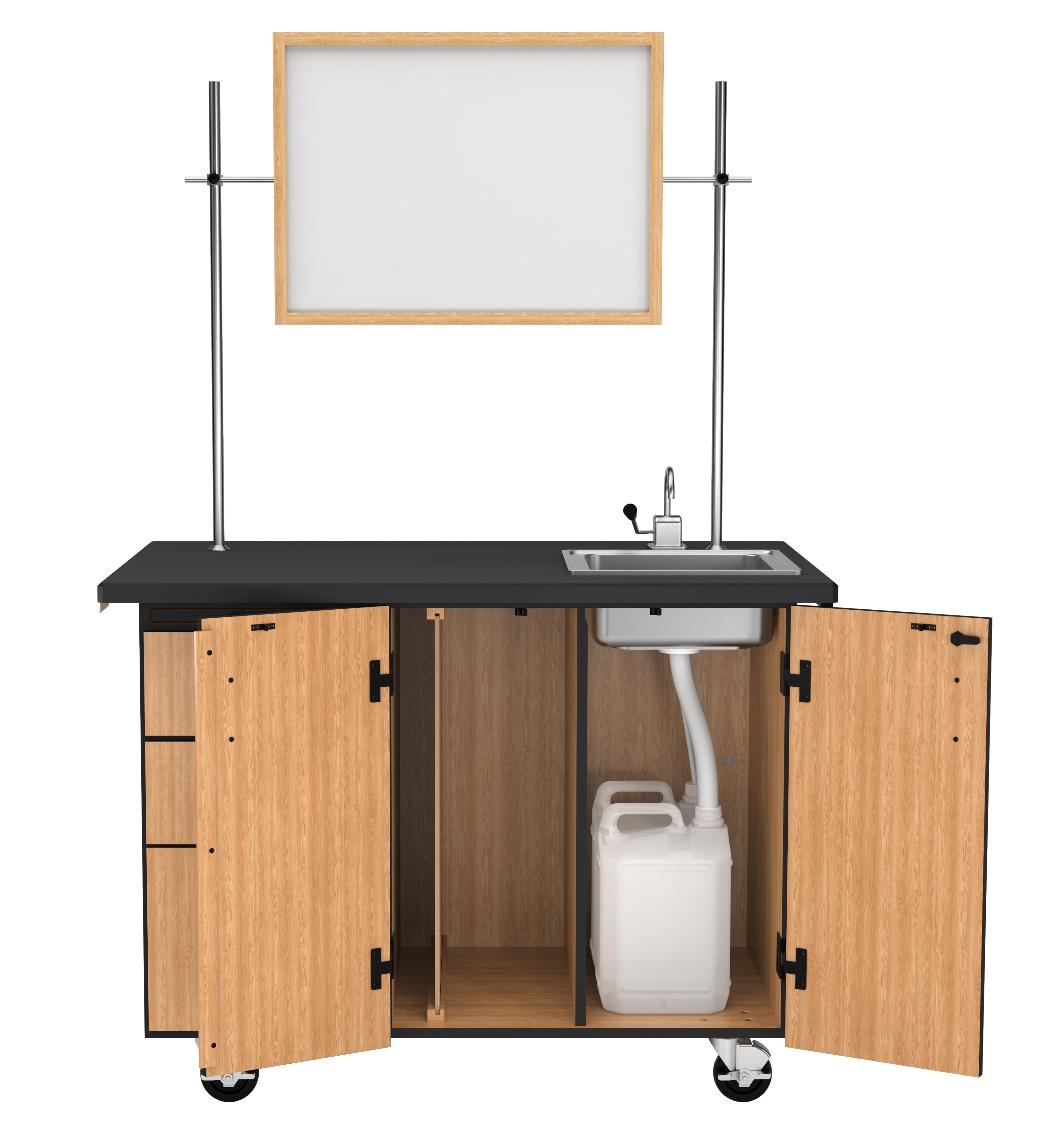 NPS® Mobile Science Cabinet with External Drawers & Pegboard, Phenolic Top, Sink and Whiteboard/Mirror, Surface Color: Black, Cabinet Color: Oak
